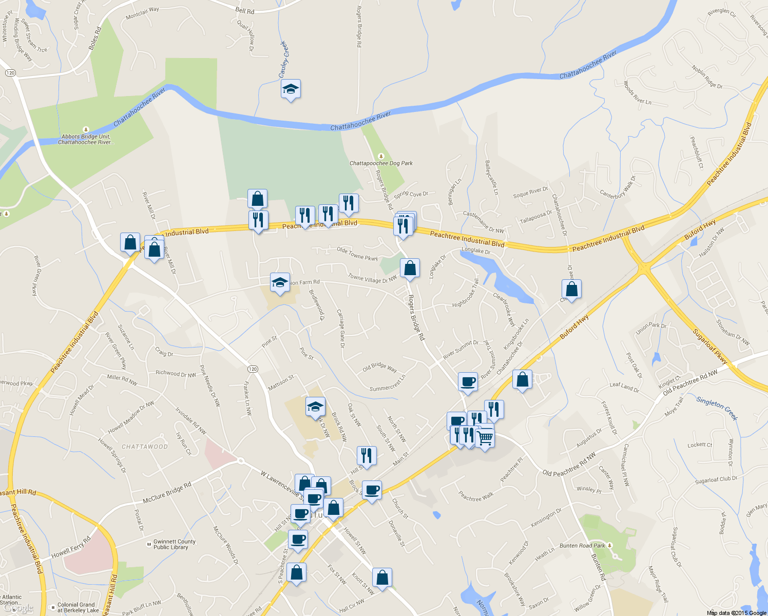 map of restaurants, bars, coffee shops, grocery stores, and more near 2722 Old Coach Rd in Duluth