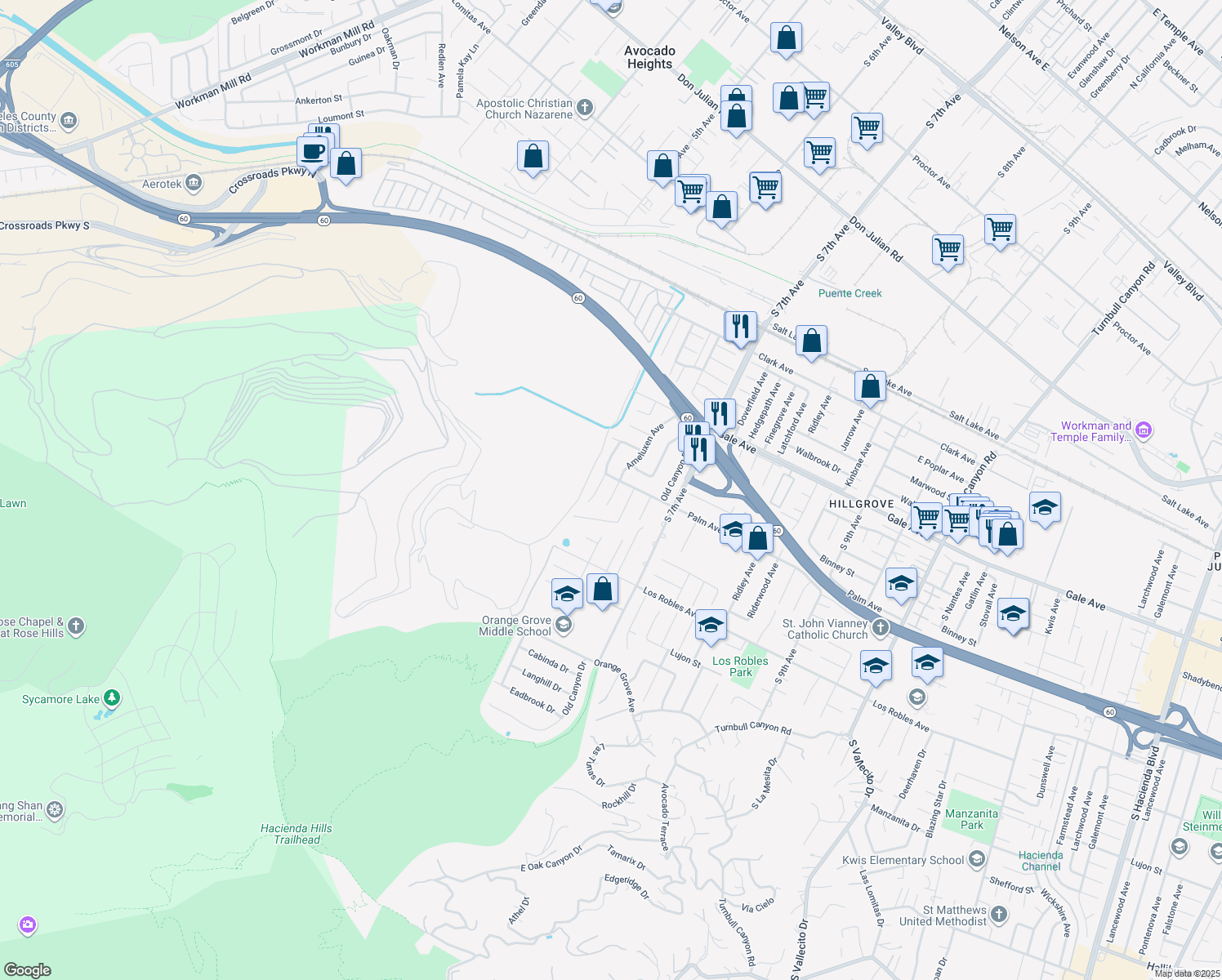 map of restaurants, bars, coffee shops, grocery stores, and more near 1315 Ameluxen Avenue in La Puente