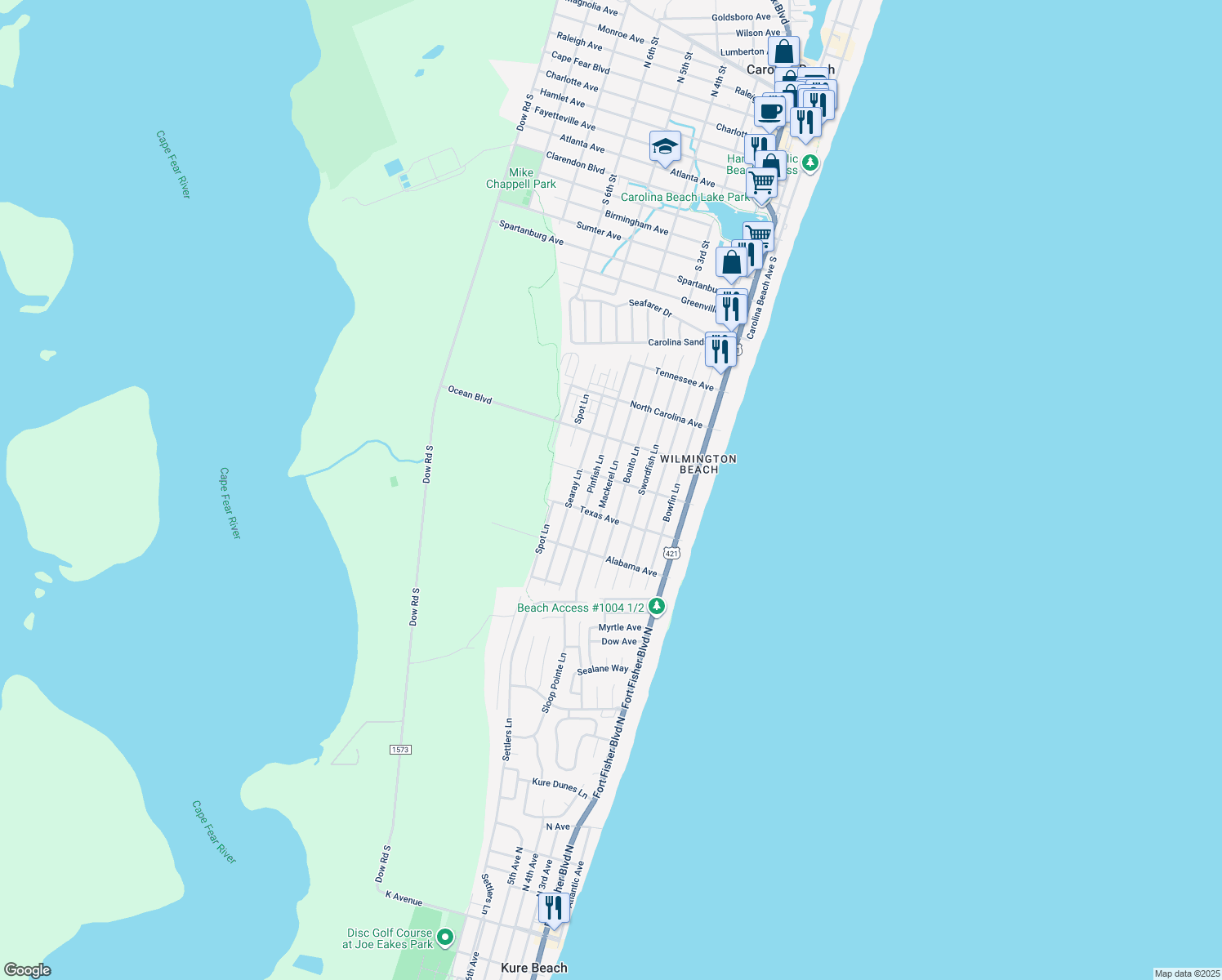 map of restaurants, bars, coffee shops, grocery stores, and more near 1505 Mackerel Lane in Carolina Beach
