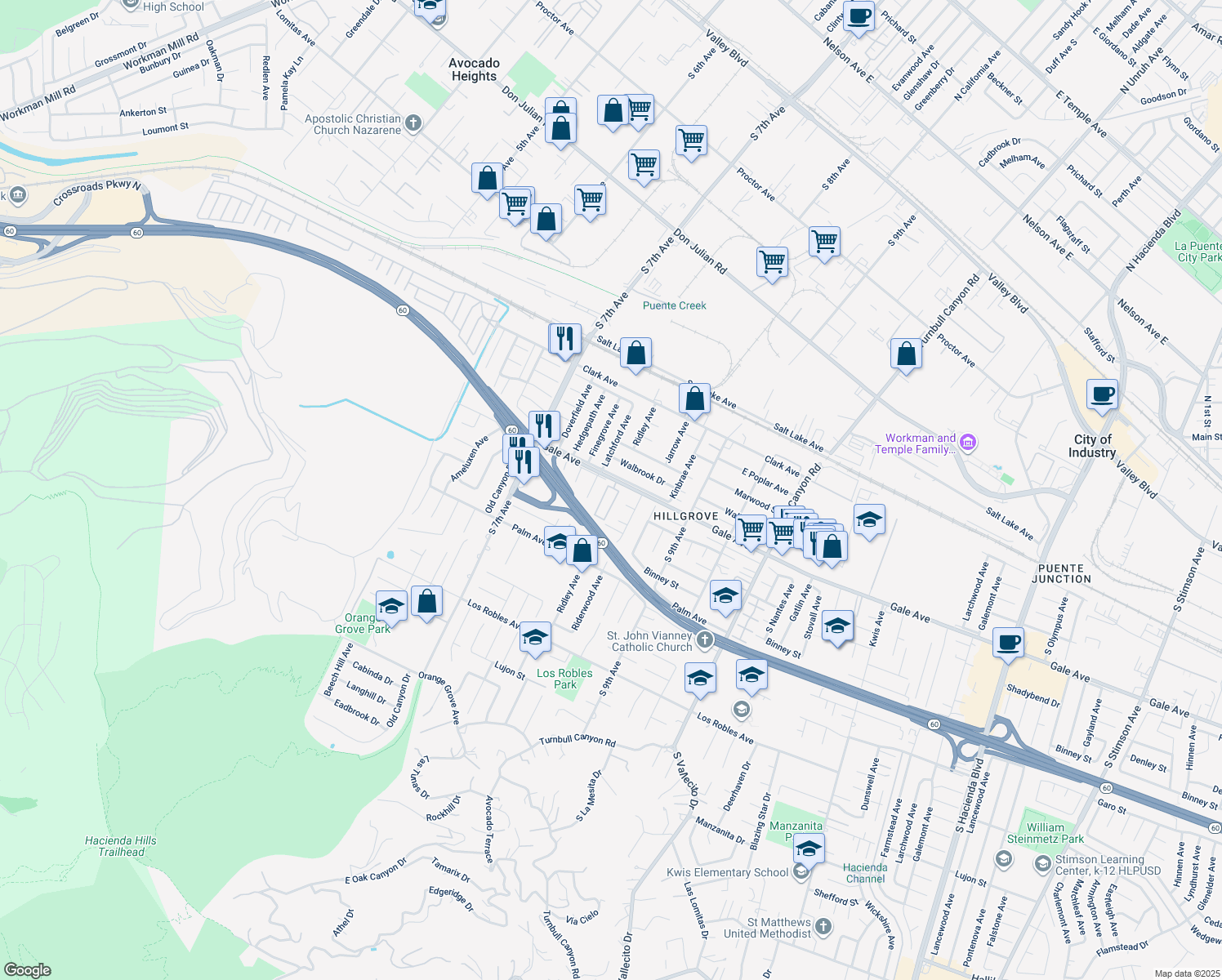 map of restaurants, bars, coffee shops, grocery stores, and more near 874-1000 Kinbrae Avenue in Hacienda Heights