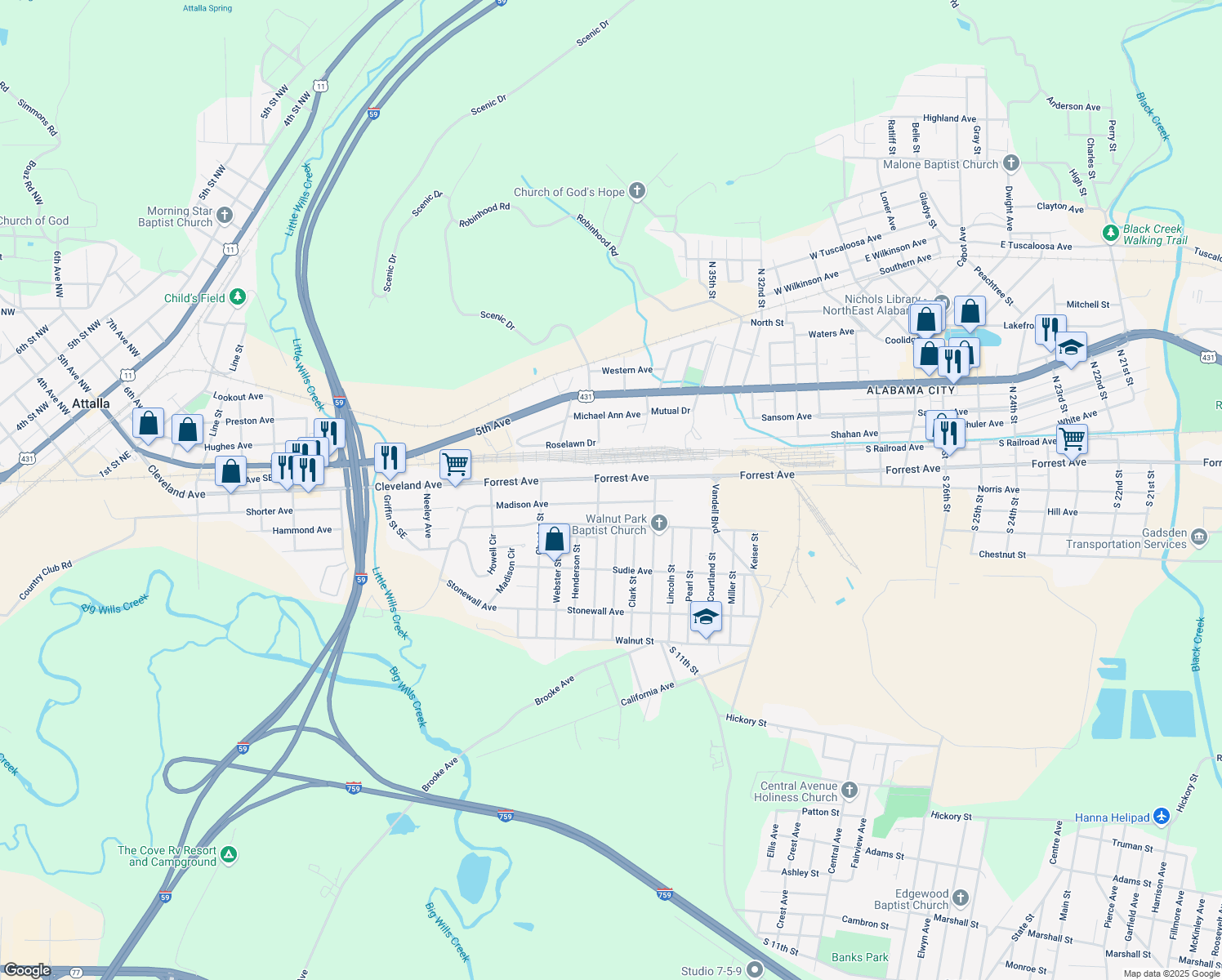 map of restaurants, bars, coffee shops, grocery stores, and more near 3328 Forrest Avenue in Gadsden