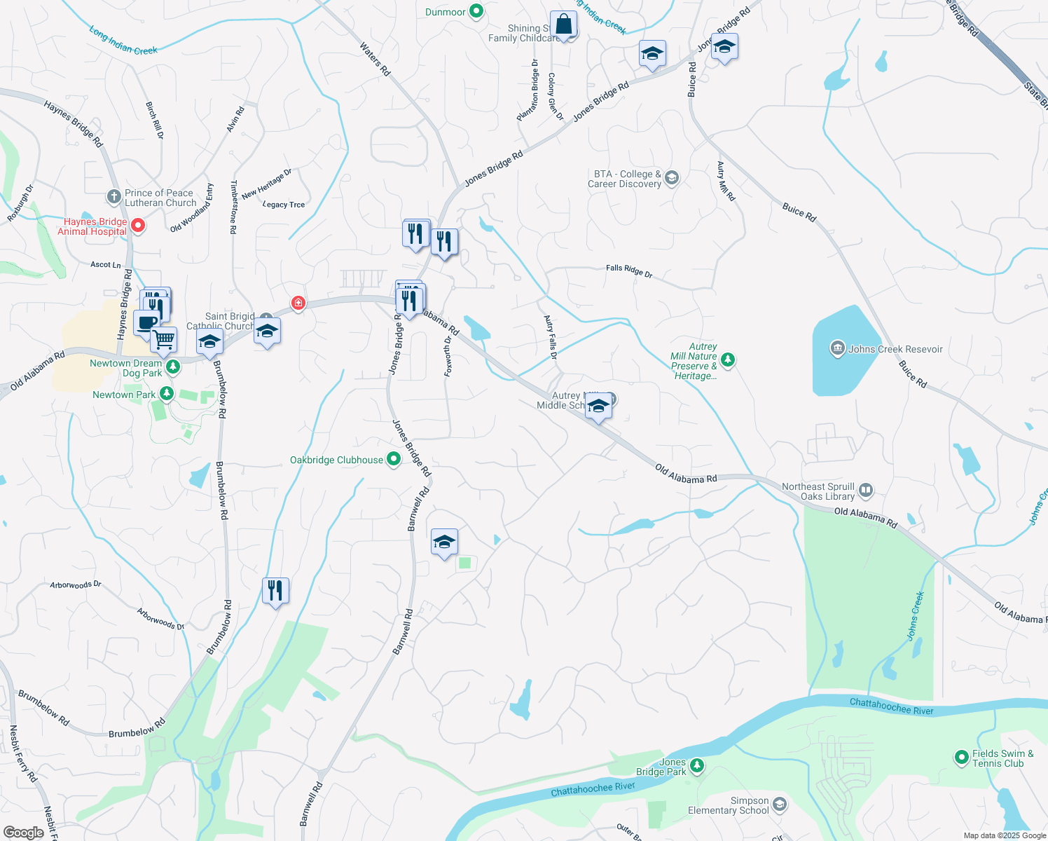 map of restaurants, bars, coffee shops, grocery stores, and more near 1014 Tullamore Place in Alpharetta