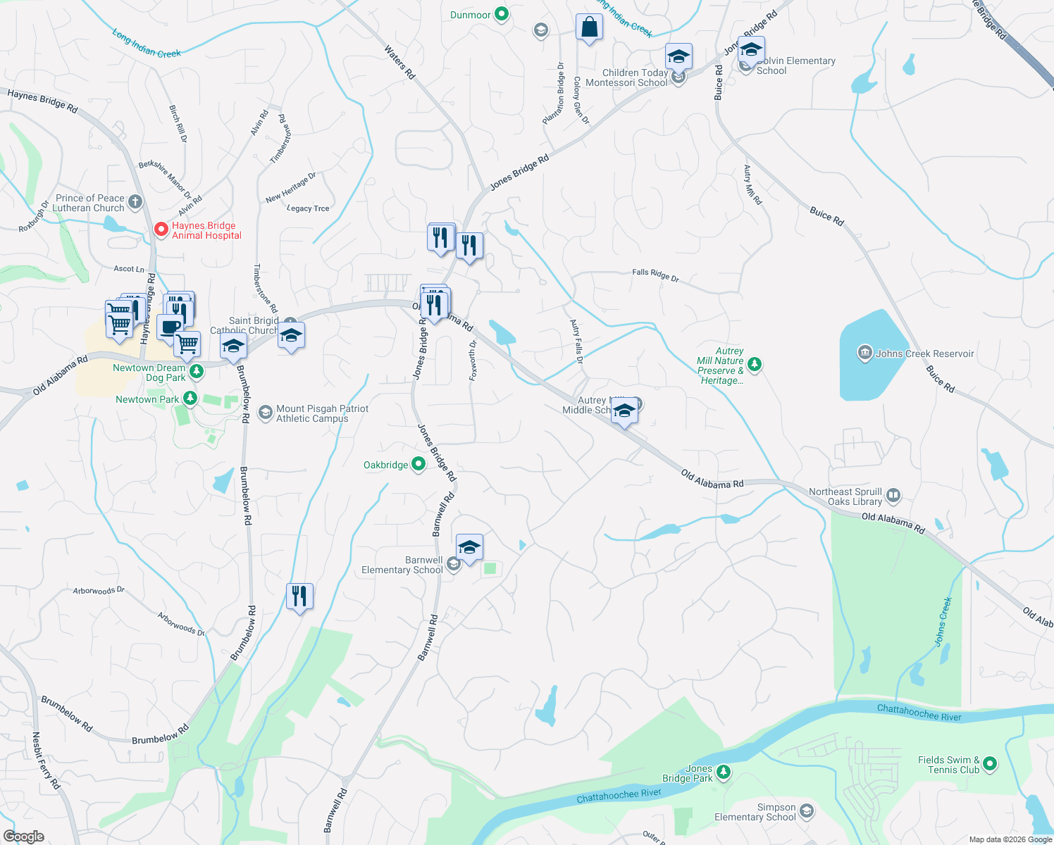 map of restaurants, bars, coffee shops, grocery stores, and more near 3875 Redcoat Way in Alpharetta