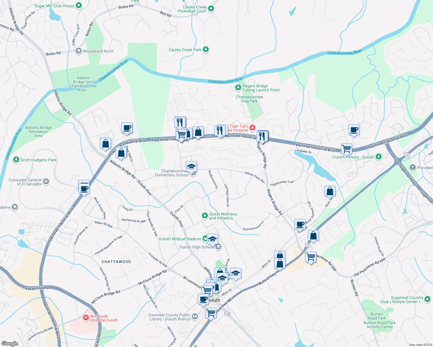 map of restaurants, bars, coffee shops, grocery stores, and more near 3966 Carriage Gate Drive in Duluth