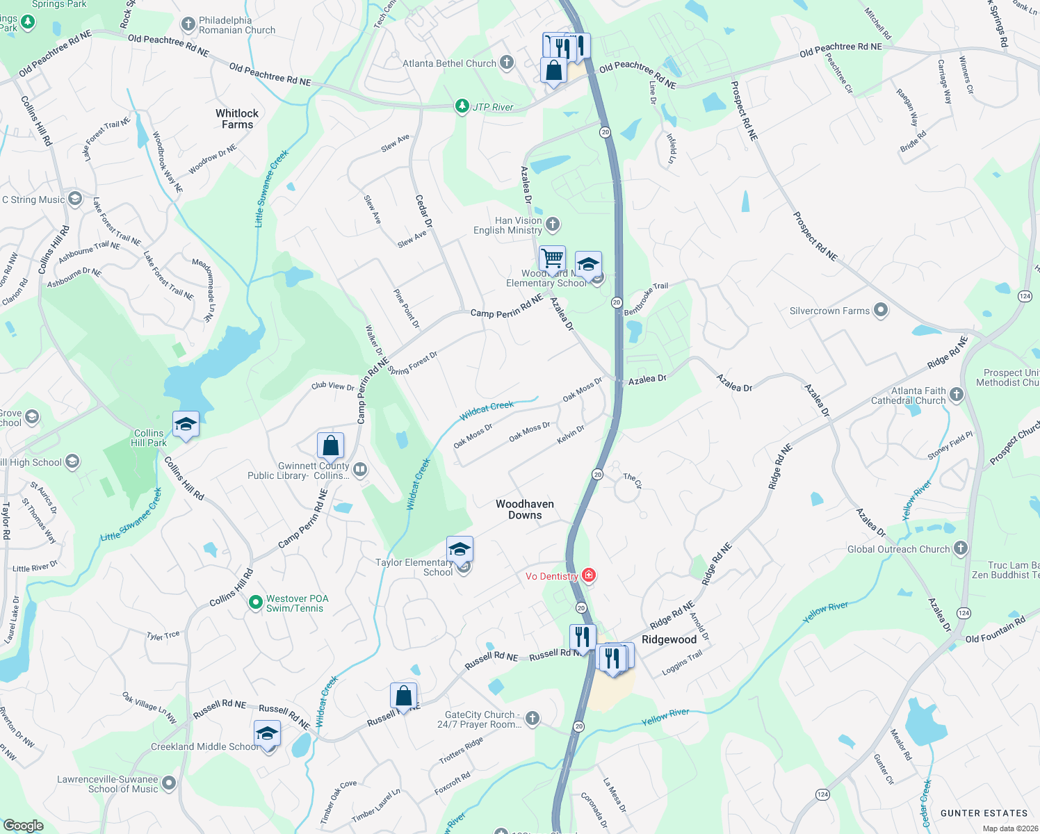 map of restaurants, bars, coffee shops, grocery stores, and more near 999 Oak Moss Dr in Lawrenceville