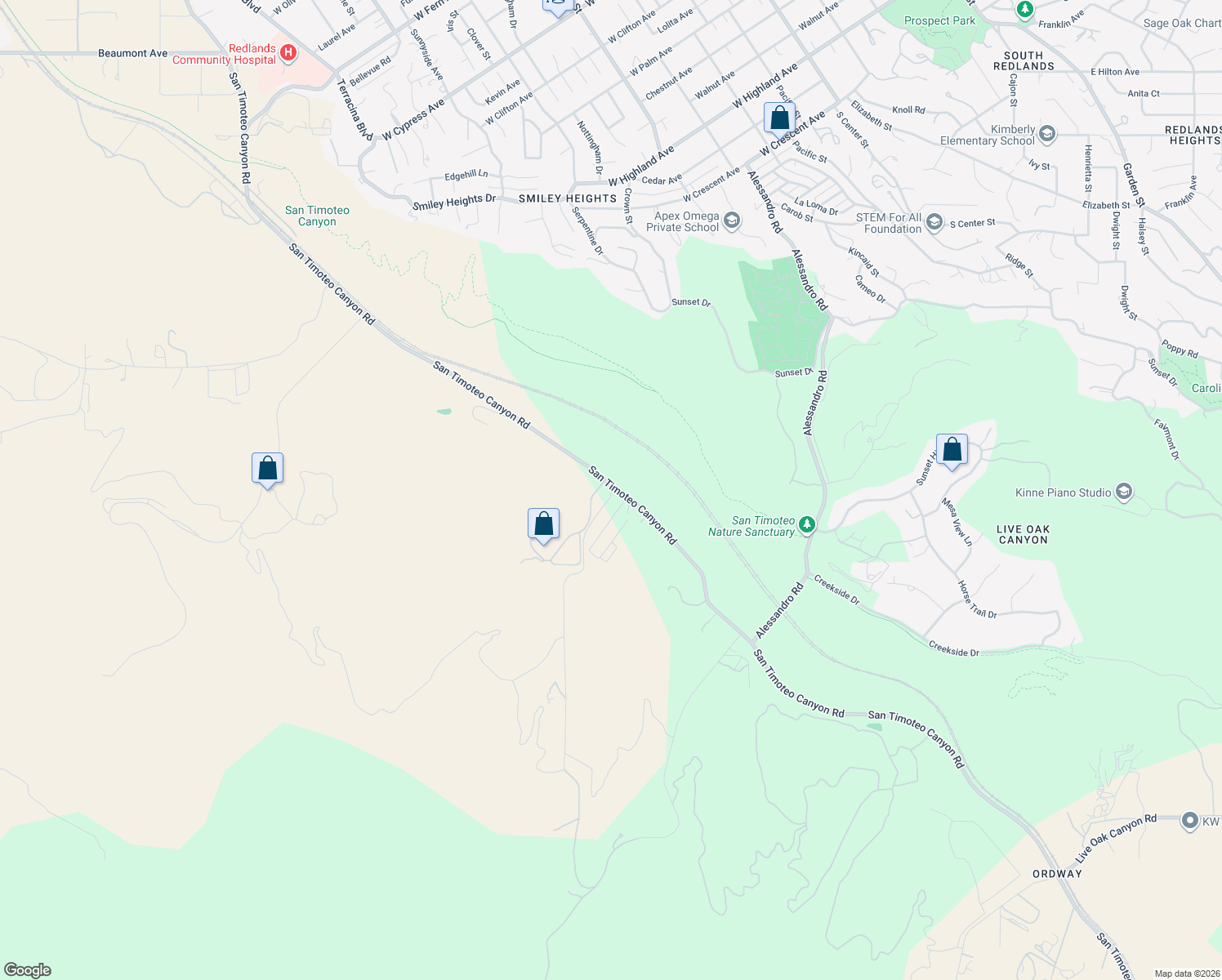 map of restaurants, bars, coffee shops, grocery stores, and more near 27799 San Timoteo Canyon Road in Redlands
