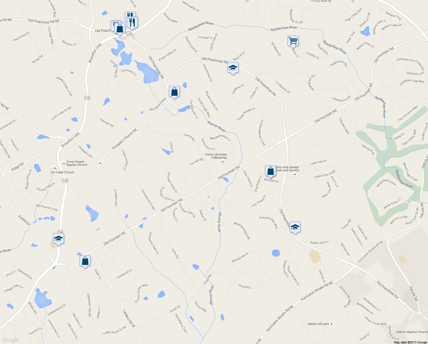 map of restaurants, bars, coffee shops, grocery stores, and more near Old Fountain Road Northeast in Lawrenceville