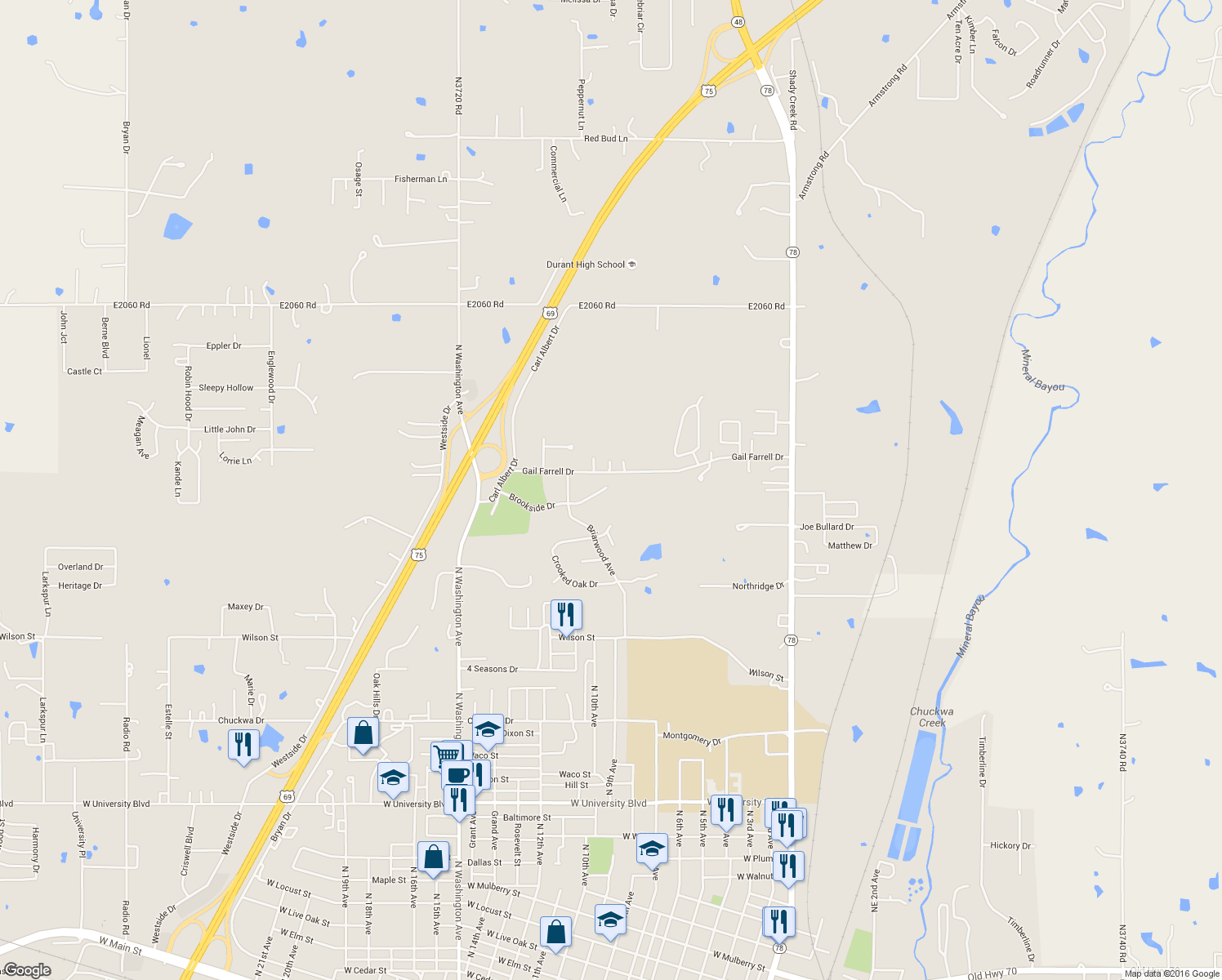 map of restaurants, bars, coffee shops, grocery stores, and more near 905 Brookside Drive in Durant