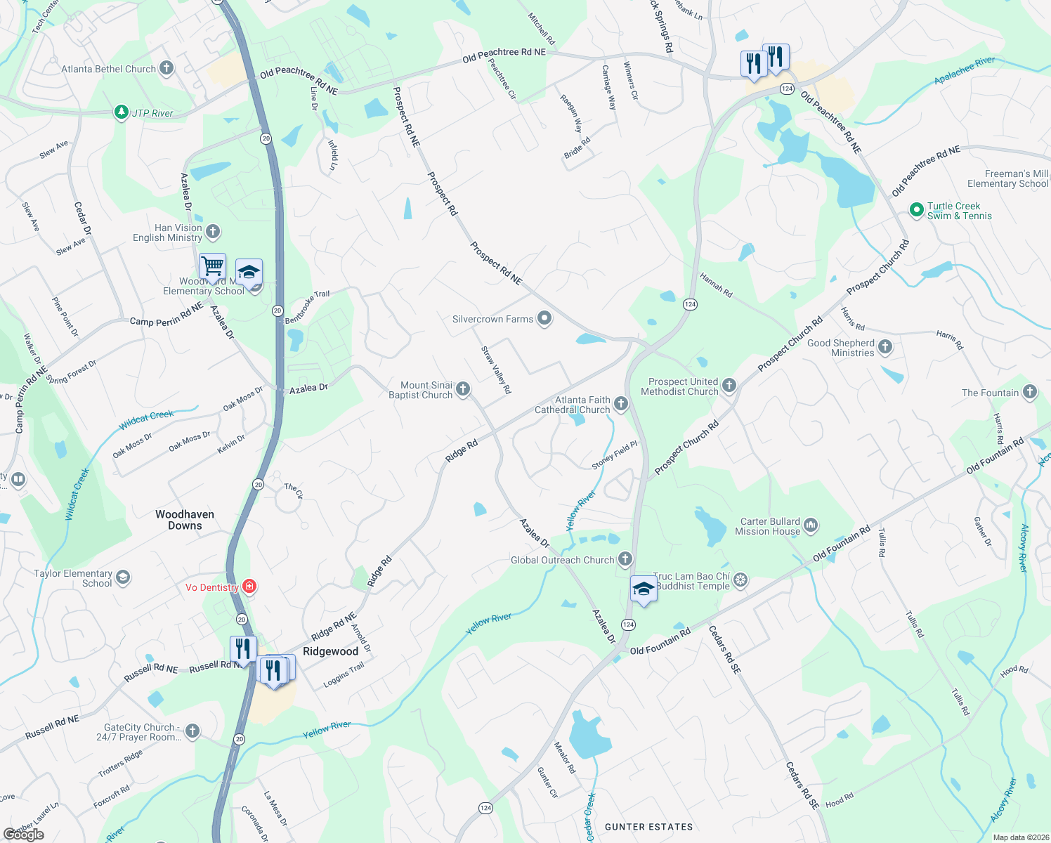 map of restaurants, bars, coffee shops, grocery stores, and more near 1842 Hillside Bend Crossing in Lawrenceville