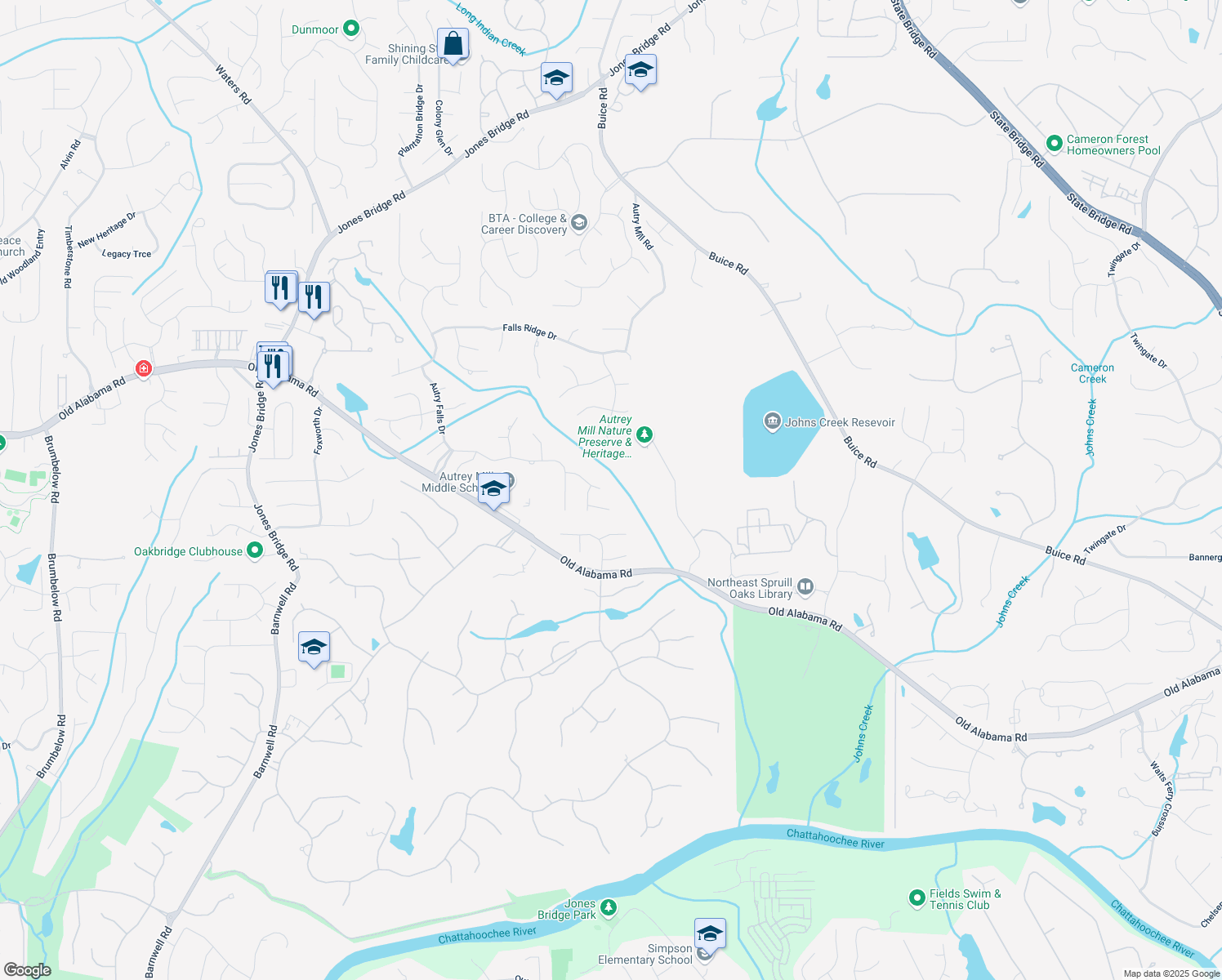 map of restaurants, bars, coffee shops, grocery stores, and more near 560 Brook Manor Drive in Alpharetta