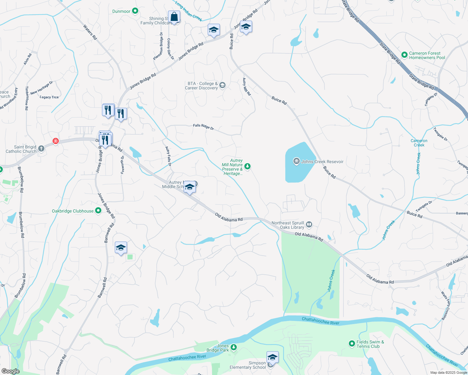 map of restaurants, bars, coffee shops, grocery stores, and more near 560 Brook Manor Drive in Alpharetta