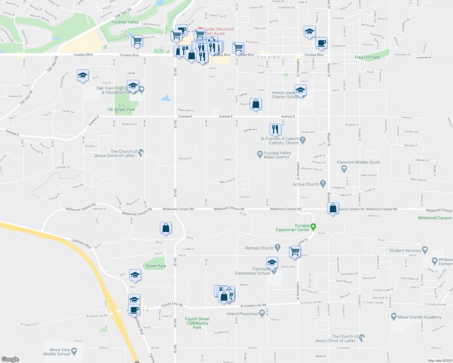 map of restaurants, bars, coffee shops, grocery stores, and more near 34621 Bella Vista Drive in Yucaipa