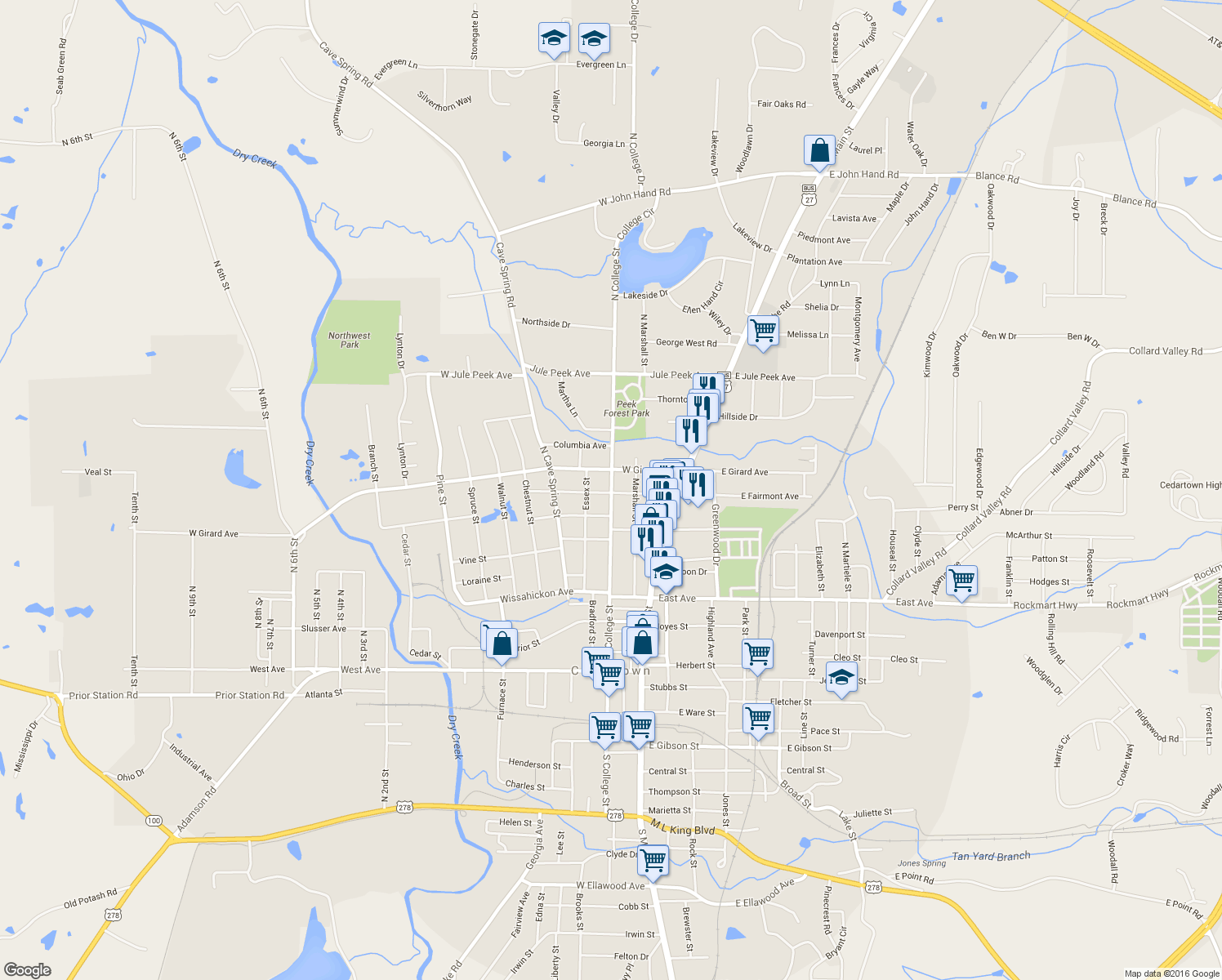 map of restaurants, bars, coffee shops, grocery stores, and more near 413 North College Street in Cedartown