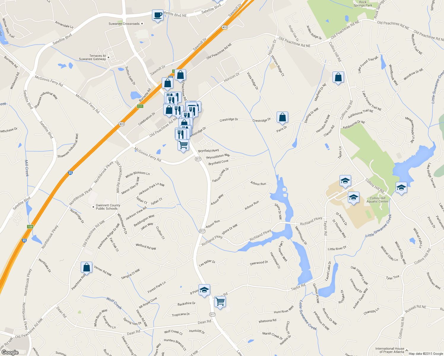 map of restaurants, bars, coffee shops, grocery stores, and more near 390 Falcon Creek Drive in Suwanee