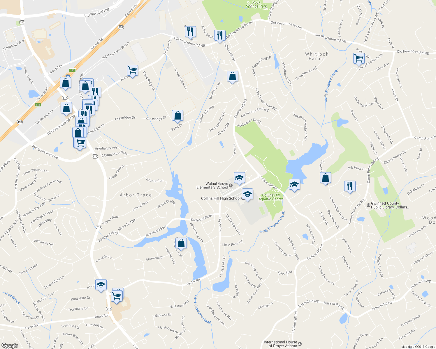 map of restaurants, bars, coffee shops, grocery stores, and more near 235 Prestwyck Oak Place in Lawrenceville