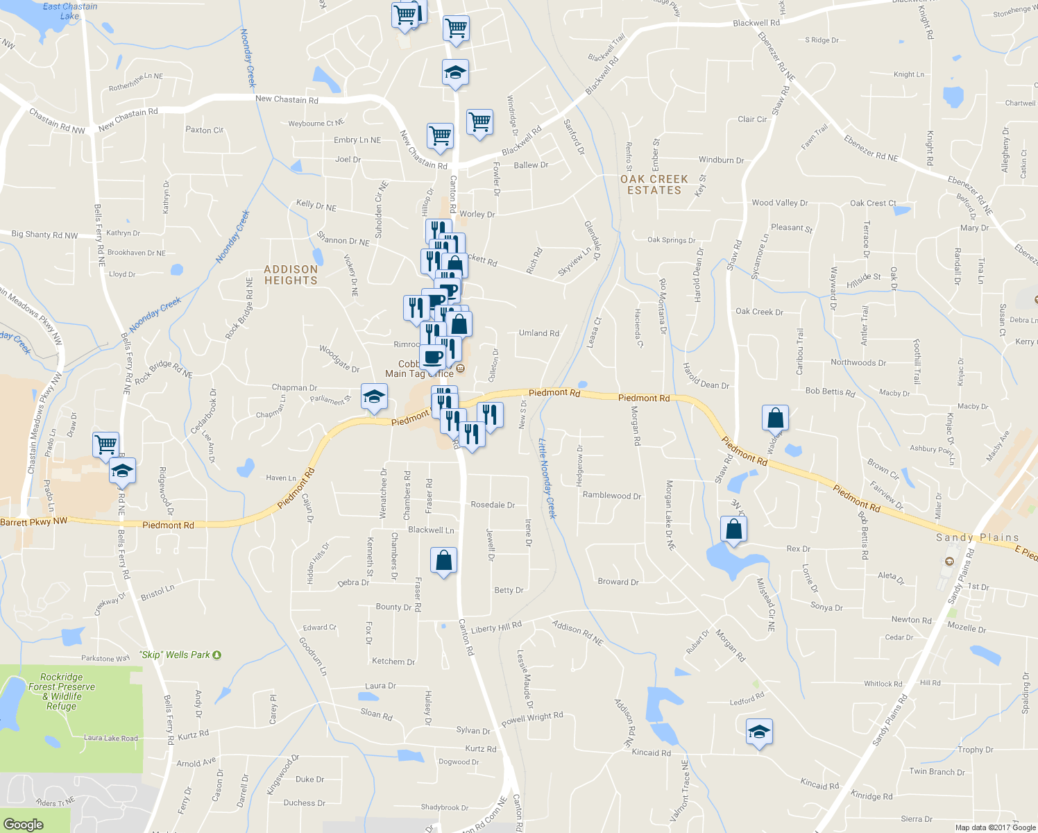 map of restaurants, bars, coffee shops, grocery stores, and more near 2823 New South Drive in Marietta