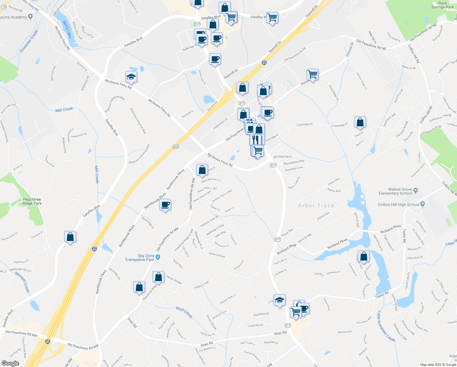 map of restaurants, bars, coffee shops, grocery stores, and more near 2700 White Blossom Ln in Suwanee