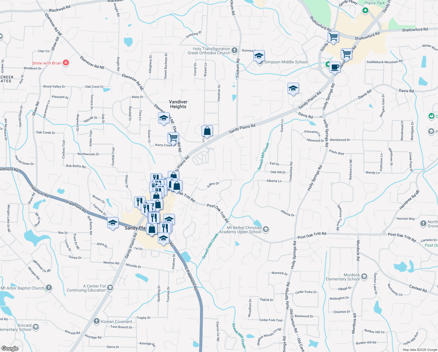map of restaurants, bars, coffee shops, grocery stores, and more near 2824 Calico Court in Marietta