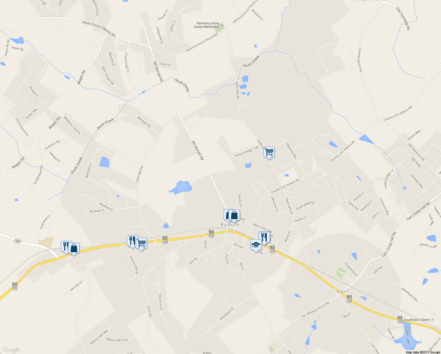 map of restaurants, bars, coffee shops, grocery stores, and more near 121 Mount Moriah Road in Auburn