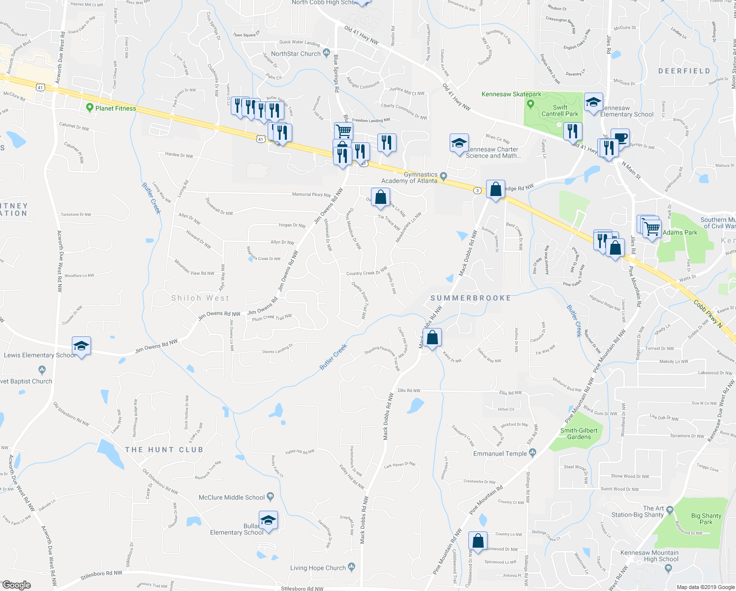 map of restaurants, bars, coffee shops, grocery stores, and more near 2936 Owens Point Trail Northwest in Kennesaw