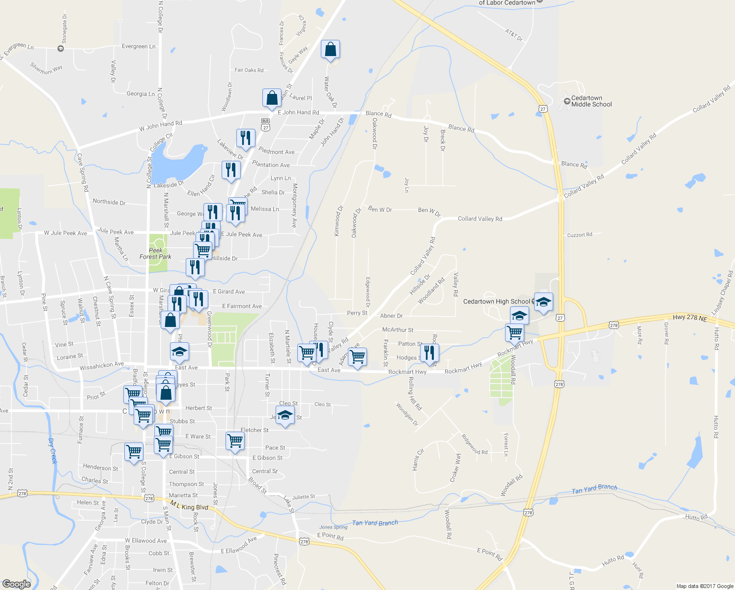 map of restaurants, bars, coffee shops, grocery stores, and more near 67 Edgewood Drive in Cedartown