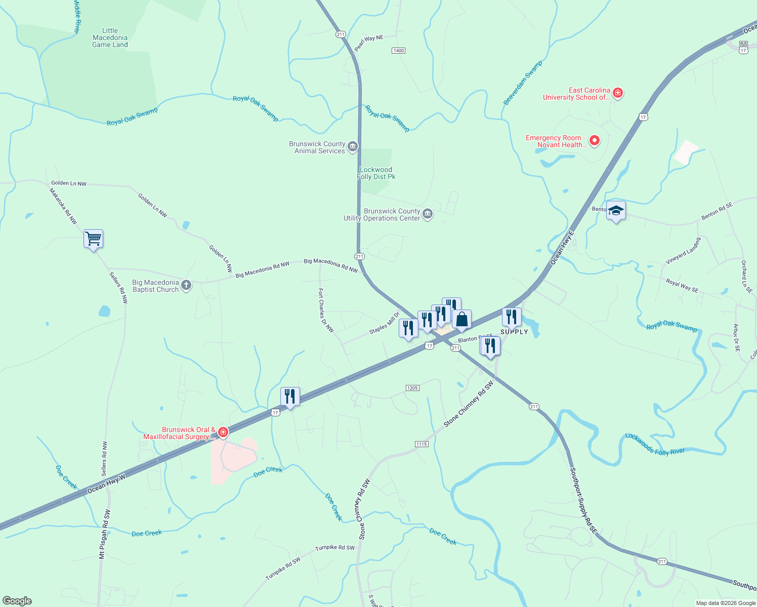 map of restaurants, bars, coffee shops, grocery stores, and more near 131 Green Swamp Rd NW in Brunswick