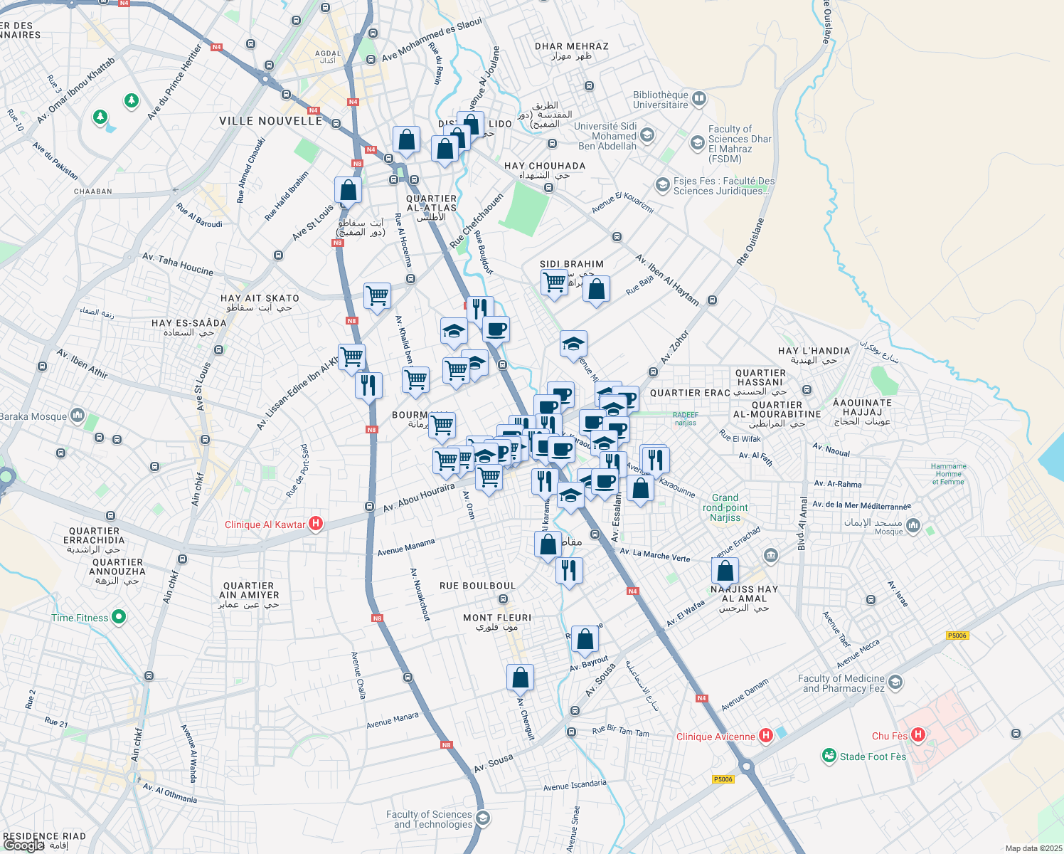 map of restaurants, bars, coffee shops, grocery stores, and more near Avenue Moulay Rachid in Fes