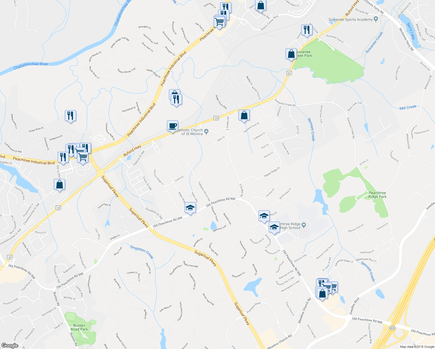 map of restaurants, bars, coffee shops, grocery stores, and more near 3555 Stately Oaks Lane Northwest in Duluth