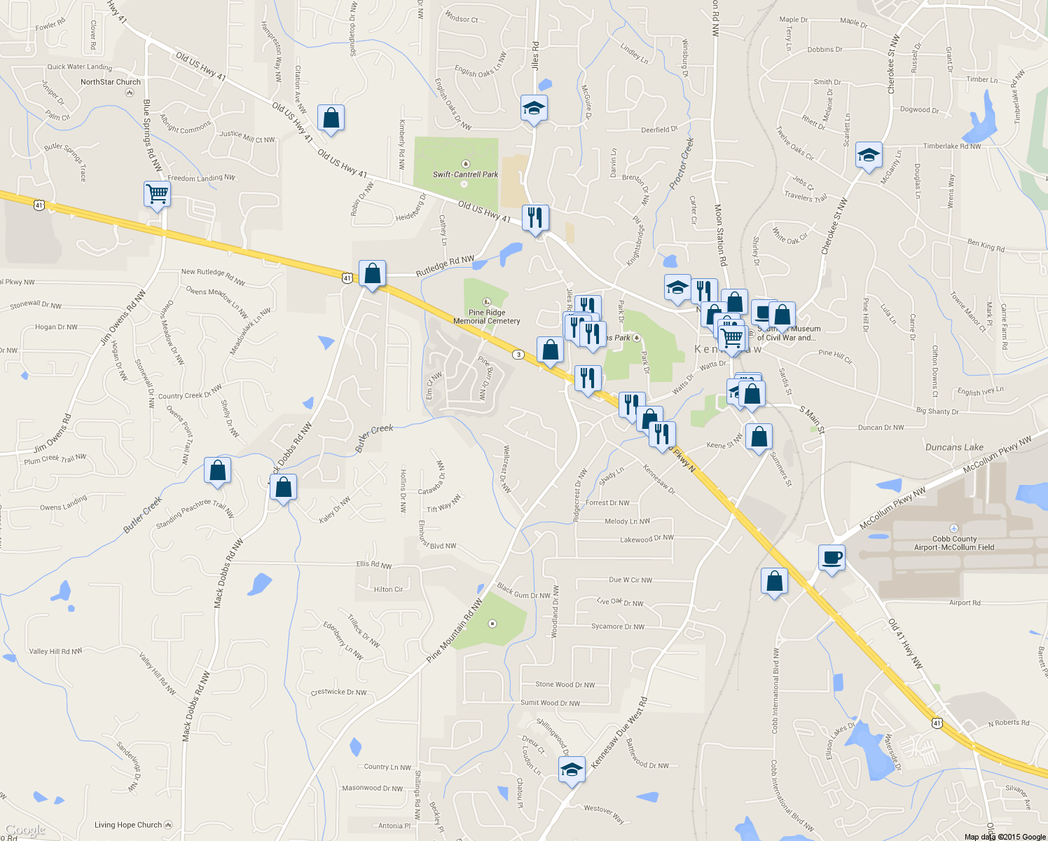 map of restaurants, bars, coffee shops, grocery stores, and more near 2813 Pine Valley Way Northwest in Kennesaw