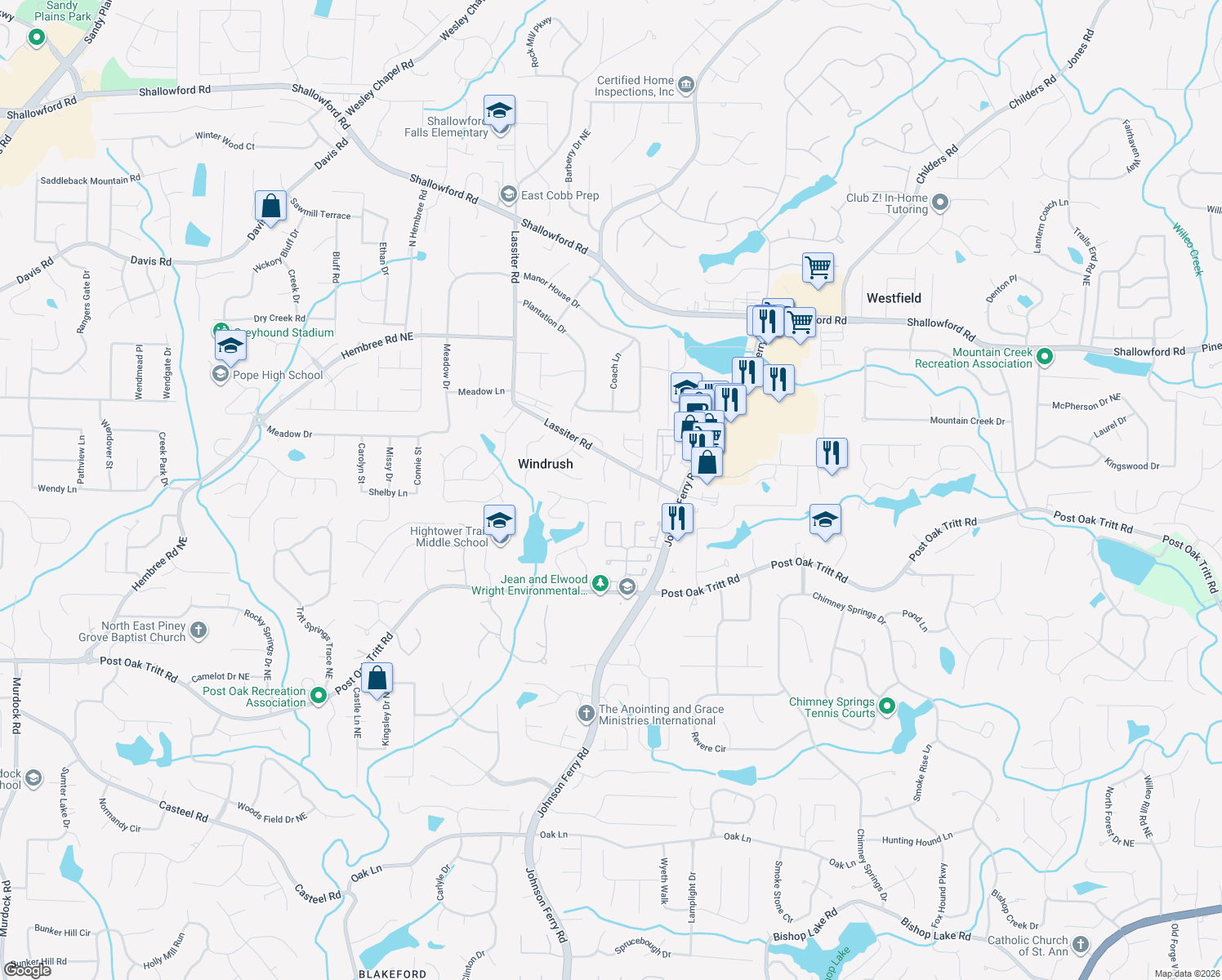 map of restaurants, bars, coffee shops, grocery stores, and more near 2890 Lassiter Manor Drive in Marietta