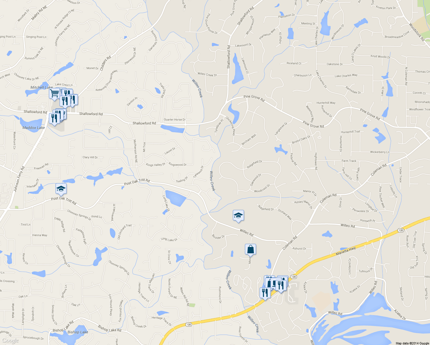 map of restaurants, bars, coffee shops, grocery stores, and more near 1600 Ridgefield Drive in Roswell