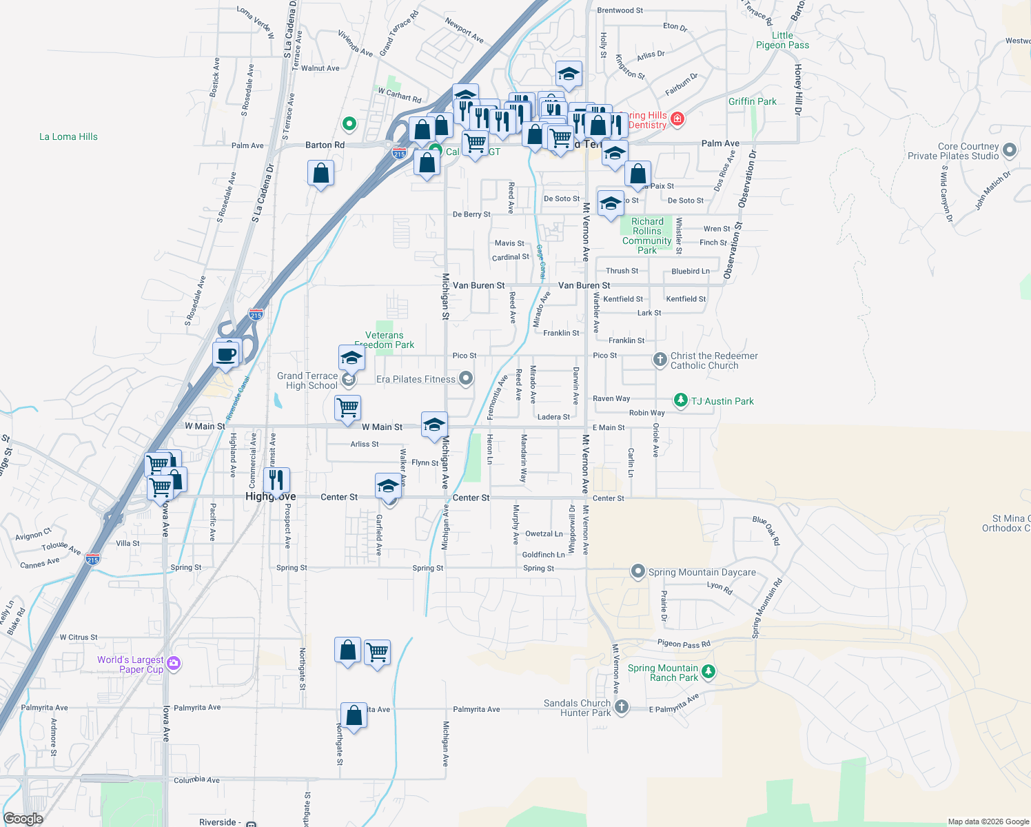 map of restaurants, bars, coffee shops, grocery stores, and more near 22294 Ladera St in Grand Terrace