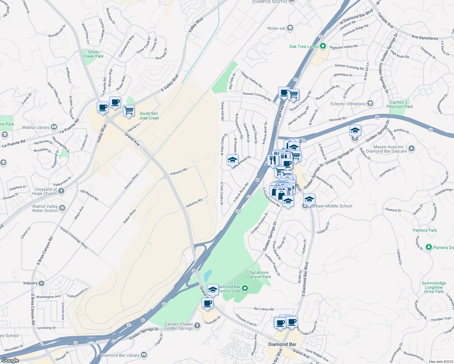 map of restaurants, bars, coffee shops, grocery stores, and more near 214 Eagle Nest Drive in Diamond Bar