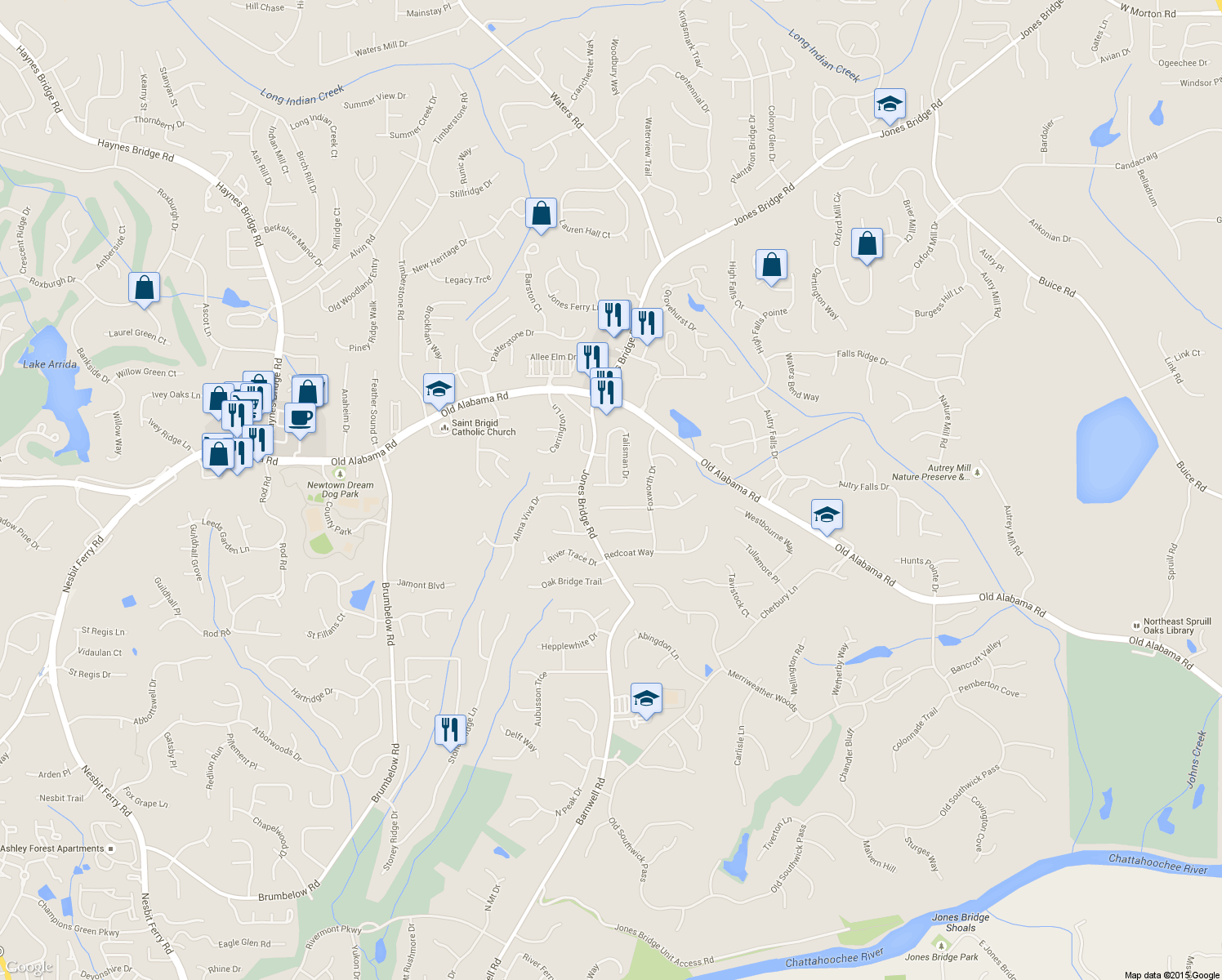 map of restaurants, bars, coffee shops, grocery stores, and more near 9862 Talisman Drive in Alpharetta