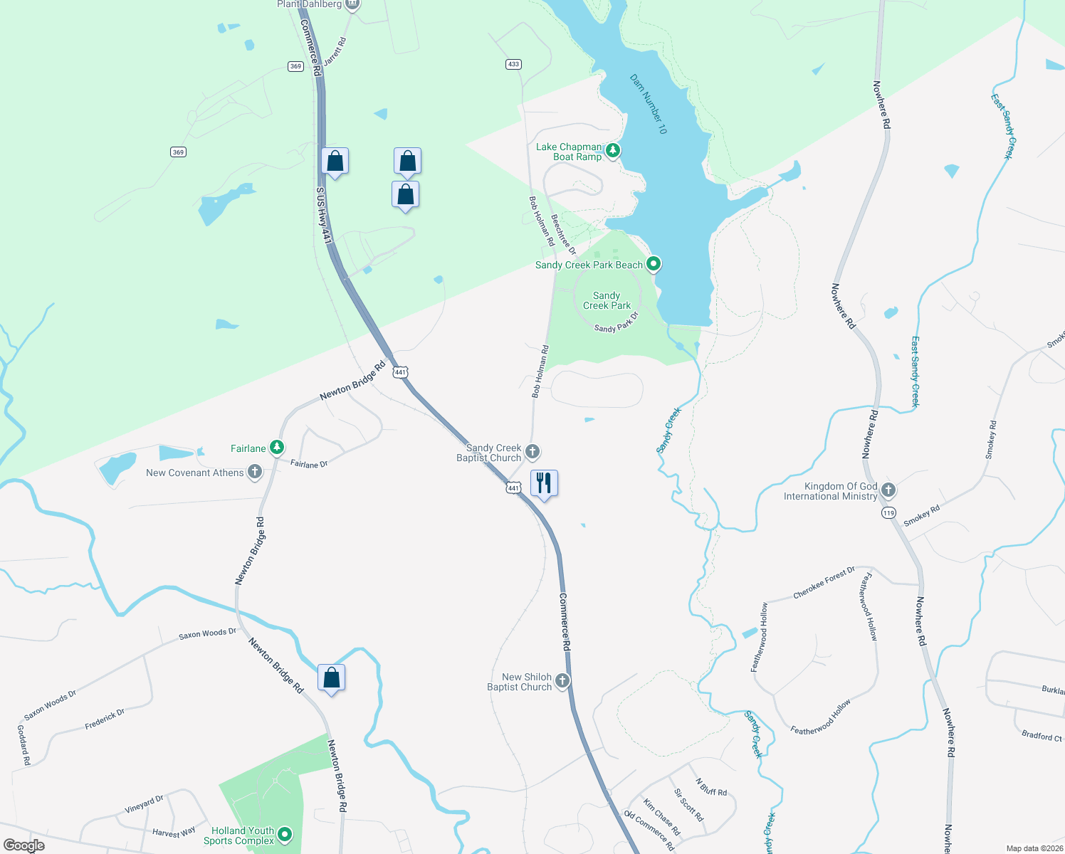 map of restaurants, bars, coffee shops, grocery stores, and more near 241 Bob Holman Road in Athens