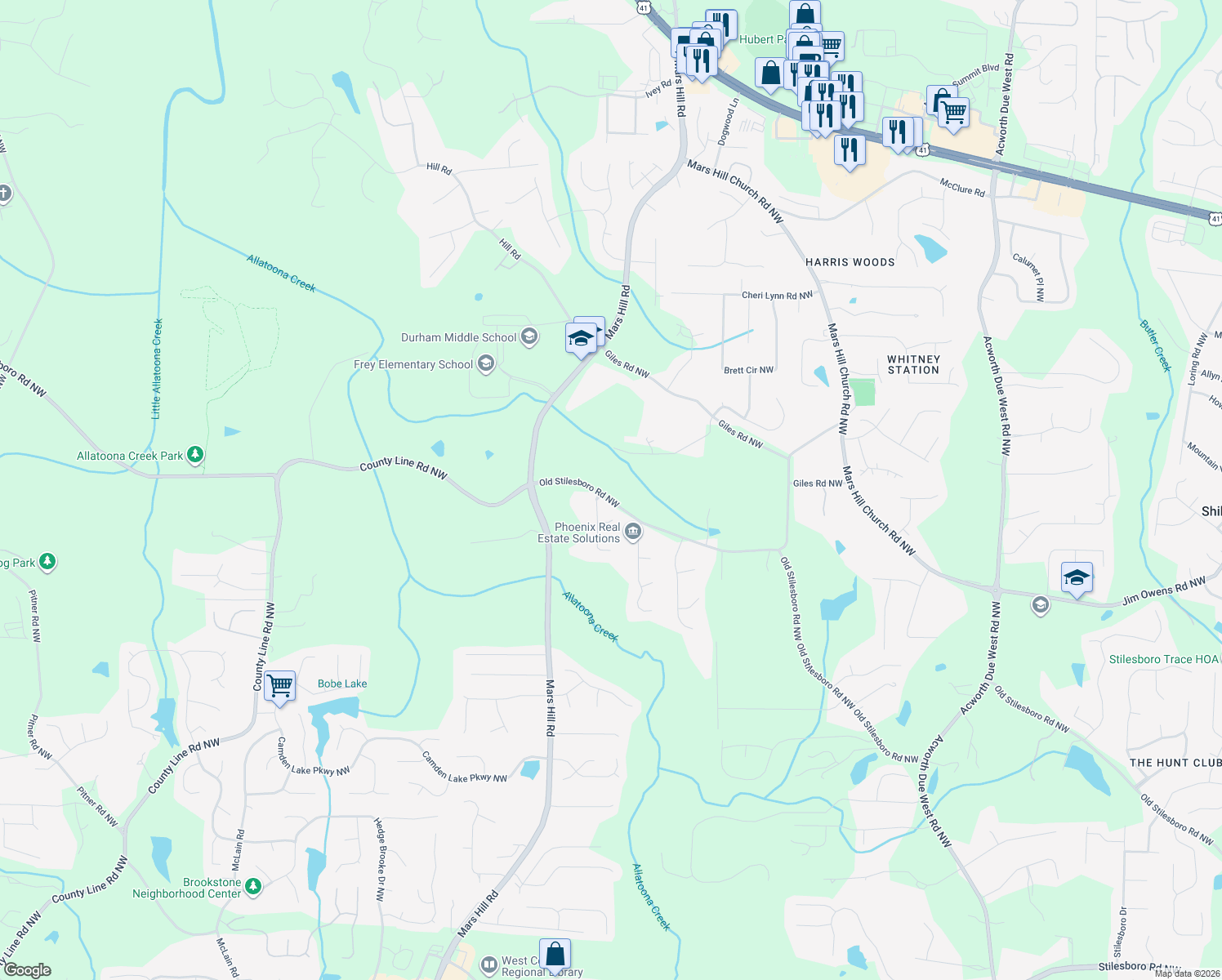 map of restaurants, bars, coffee shops, grocery stores, and more near 4955 Old Stilesboro Road Northwest in Acworth