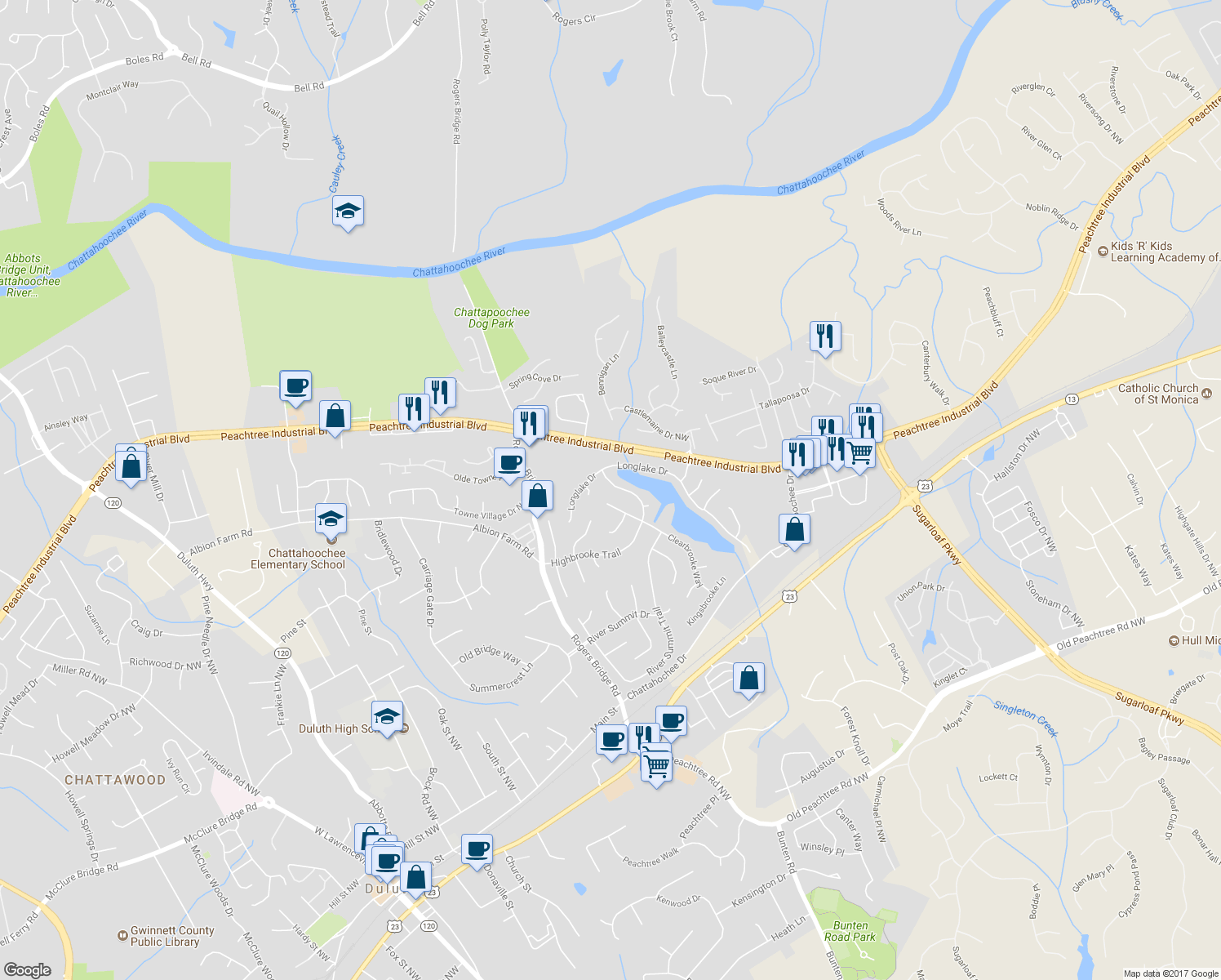 map of restaurants, bars, coffee shops, grocery stores, and more near 2395 Highbrooke Trail in Duluth