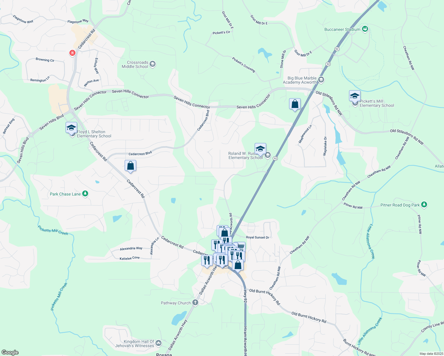map of restaurants, bars, coffee shops, grocery stores, and more near 683 Old Dallas Acworth Road in Dallas