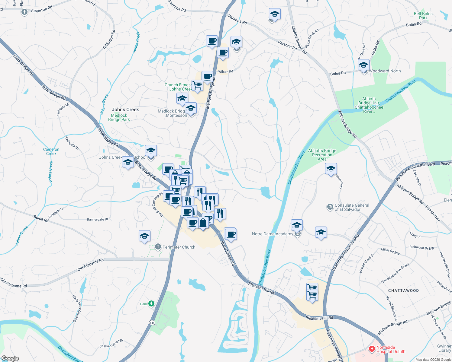 map of restaurants, bars, coffee shops, grocery stores, and more near 408 West Country Drive in Duluth