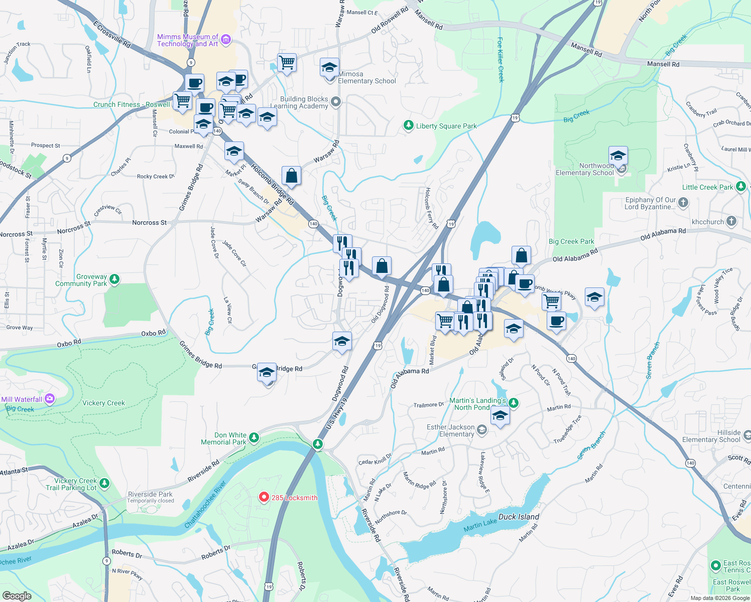 map of restaurants, bars, coffee shops, grocery stores, and more near 3014 Heatherton Park Way in Roswell
