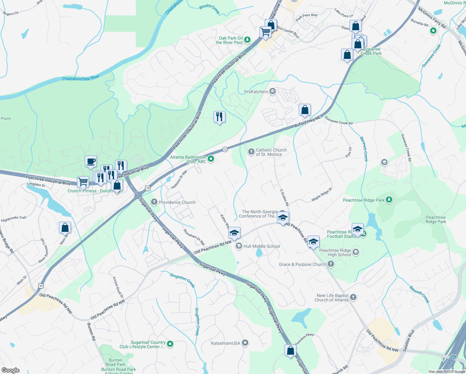 map of restaurants, bars, coffee shops, grocery stores, and more near 3440 Highgate Hills Dr NW in Duluth