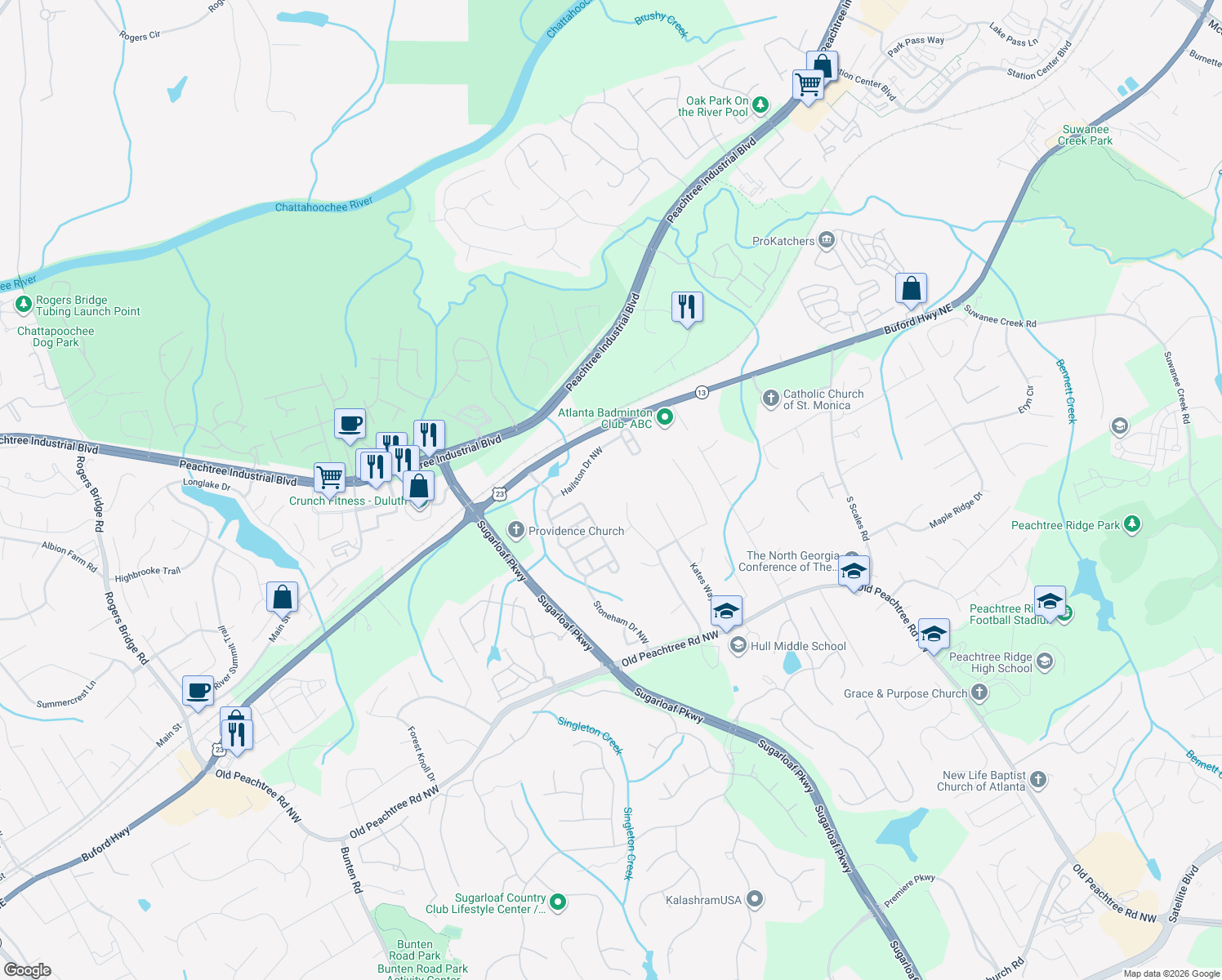map of restaurants, bars, coffee shops, grocery stores, and more near 3548 Parsons Ridge Ln in Duluth