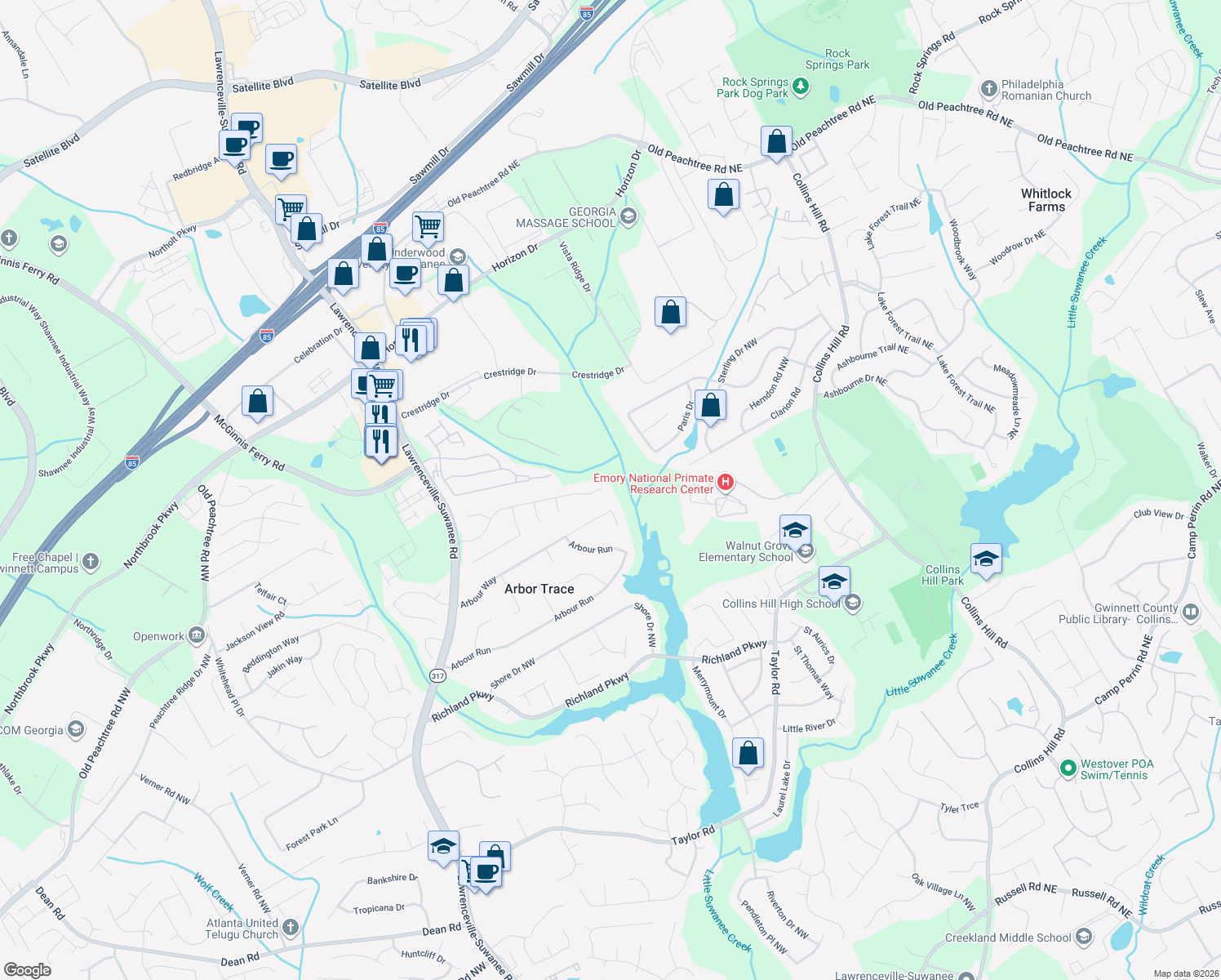 map of restaurants, bars, coffee shops, grocery stores, and more near 170 Falcon Creek Dr in Suwanee