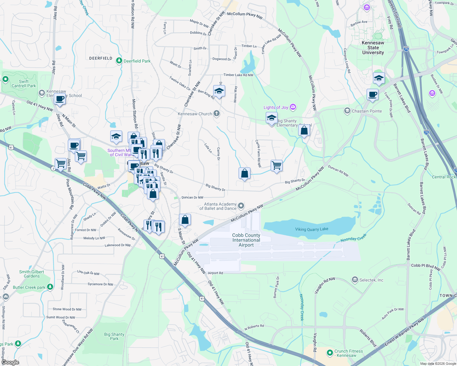 map of restaurants, bars, coffee shops, grocery stores, and more near 1621 Clifton Downs Ct in Kennesaw
