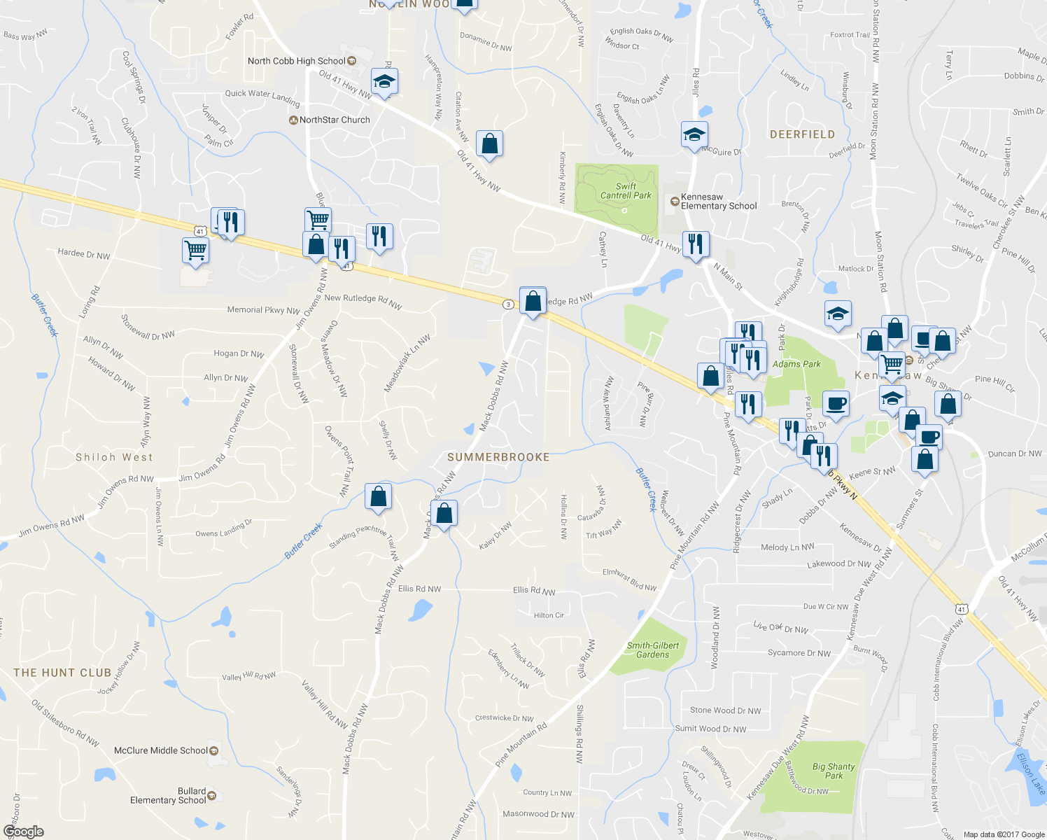 map of restaurants, bars, coffee shops, grocery stores, and more near 2793 Summer Ridge Lane in Kennesaw
