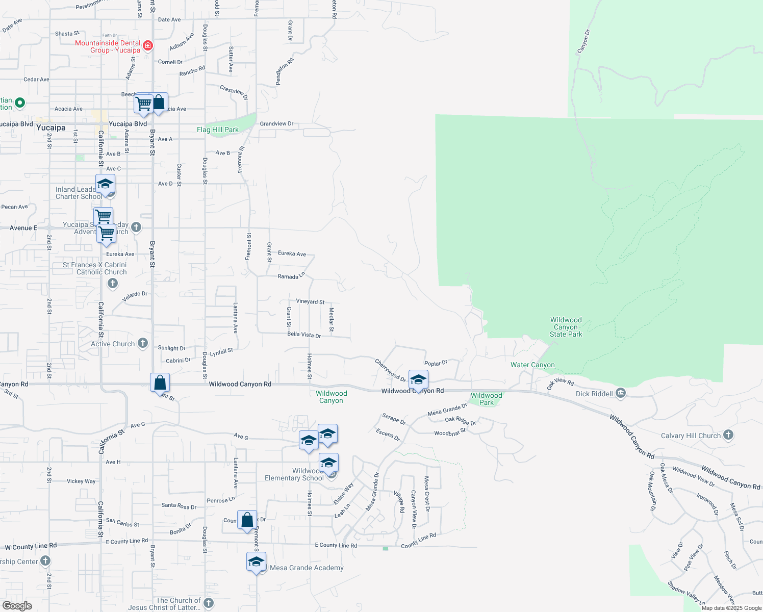 map of restaurants, bars, coffee shops, grocery stores, and more near Avenue E in Yucaipa