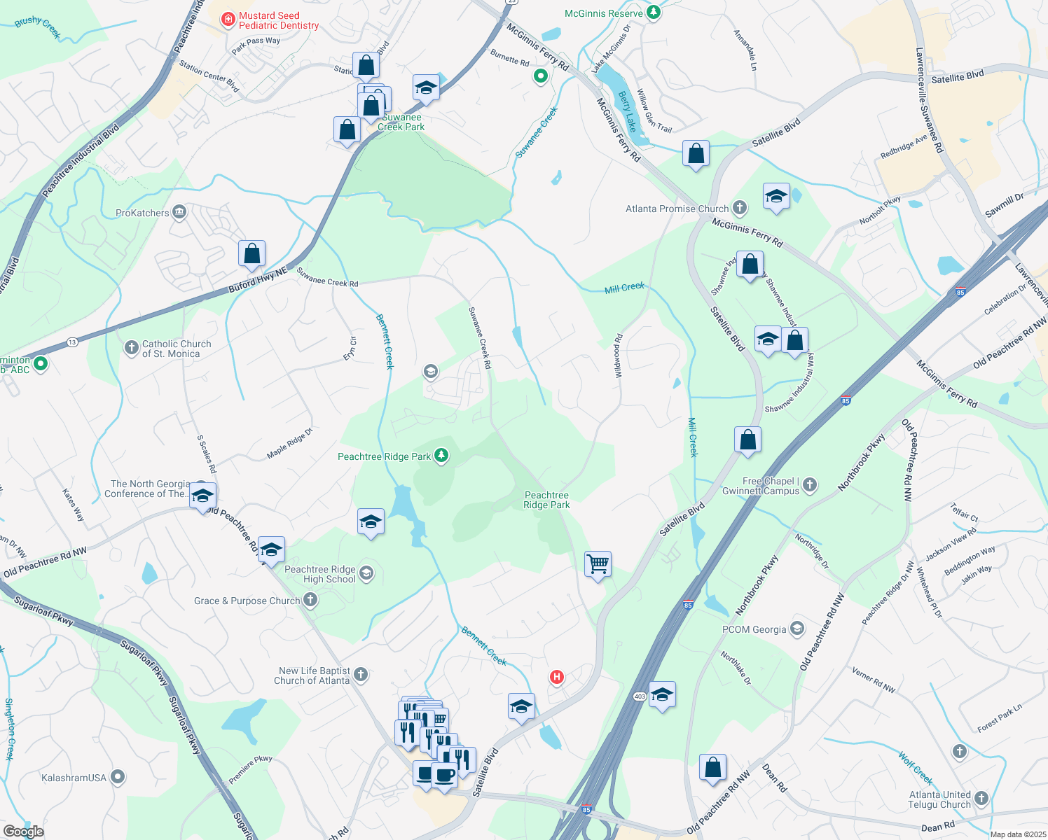 map of restaurants, bars, coffee shops, grocery stores, and more near 1218 Saint Ives Court in Suwanee