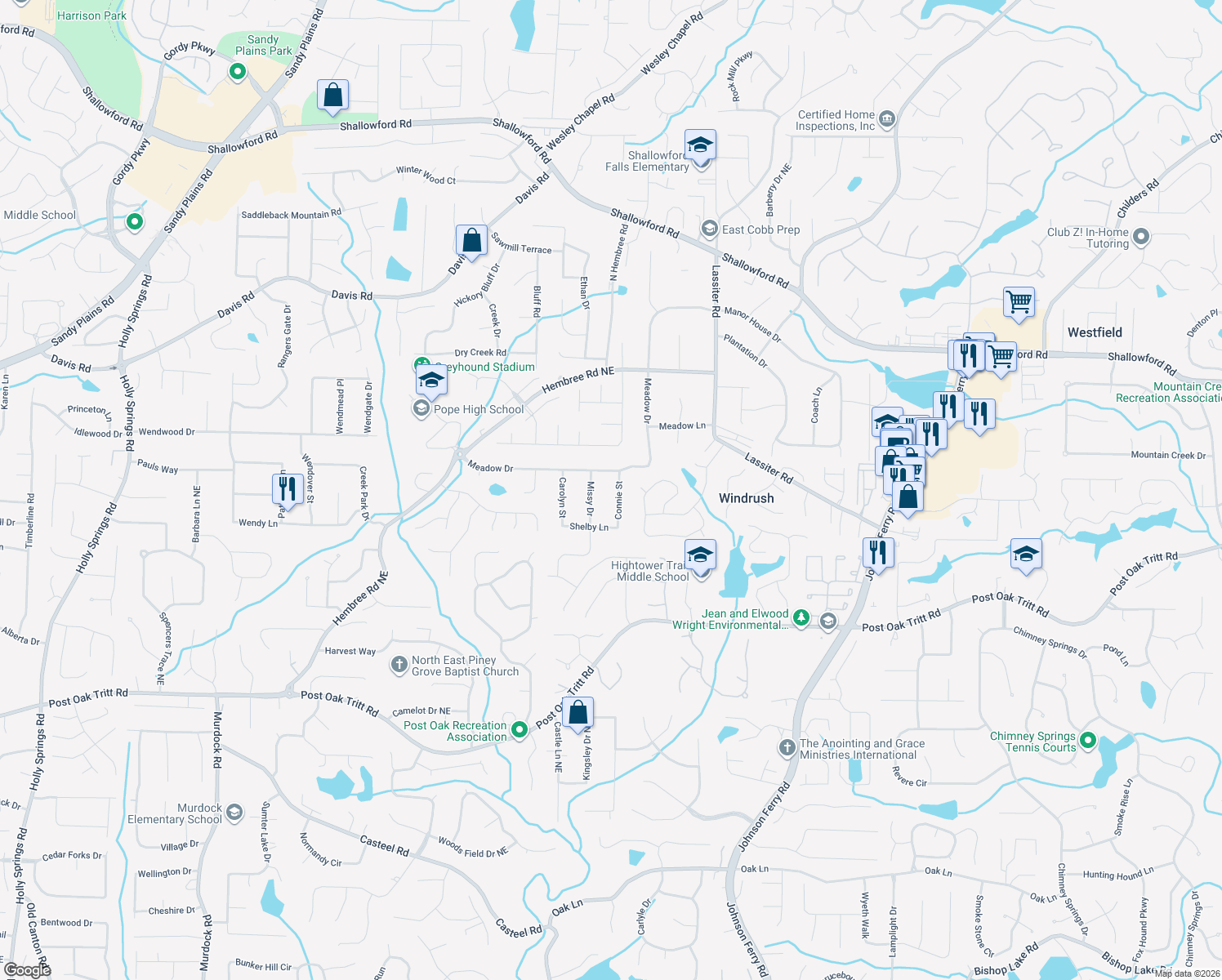 map of restaurants, bars, coffee shops, grocery stores, and more near 2951 Connie St in Marietta