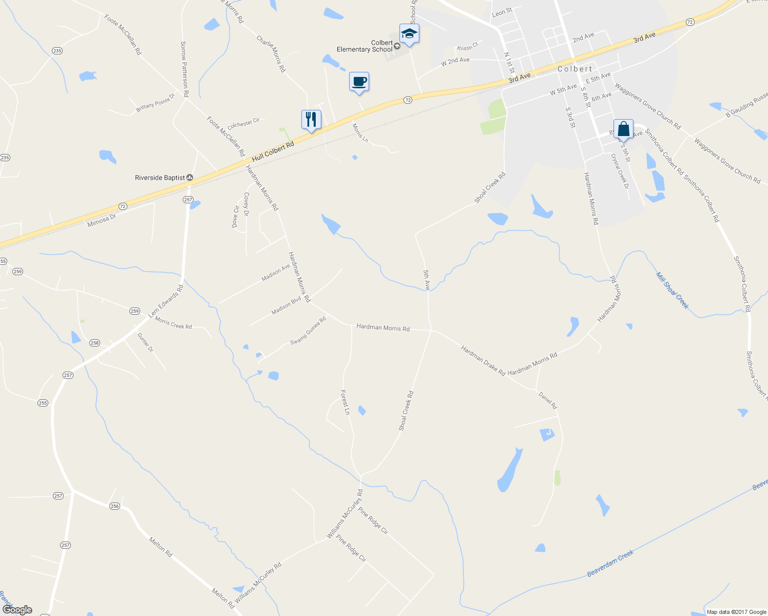 map of restaurants, bars, coffee shops, grocery stores, and more near 2554 Hardman Morris Road in Colbert