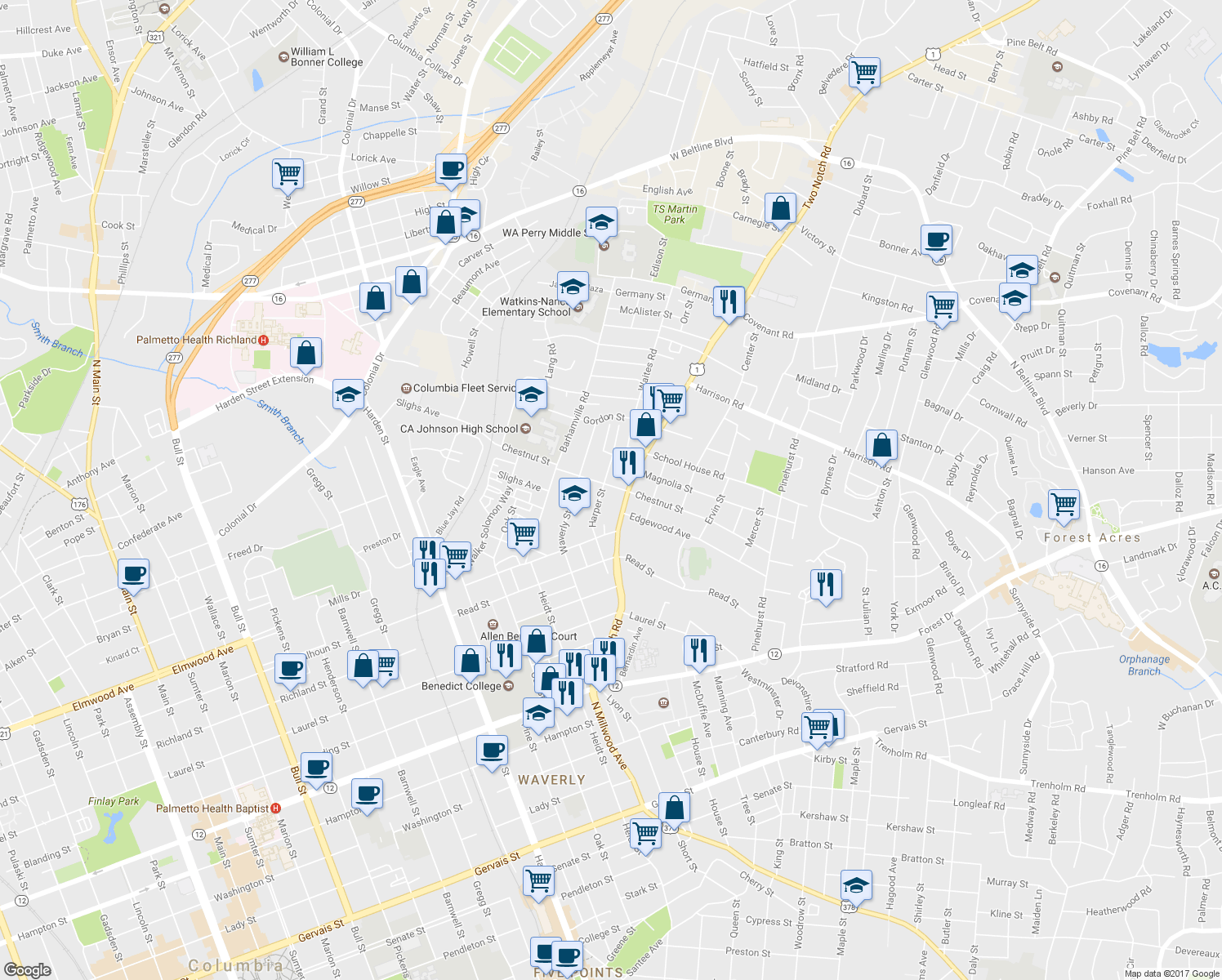 map of restaurants, bars, coffee shops, grocery stores, and more near 2410 Chestnut Street in Columbia